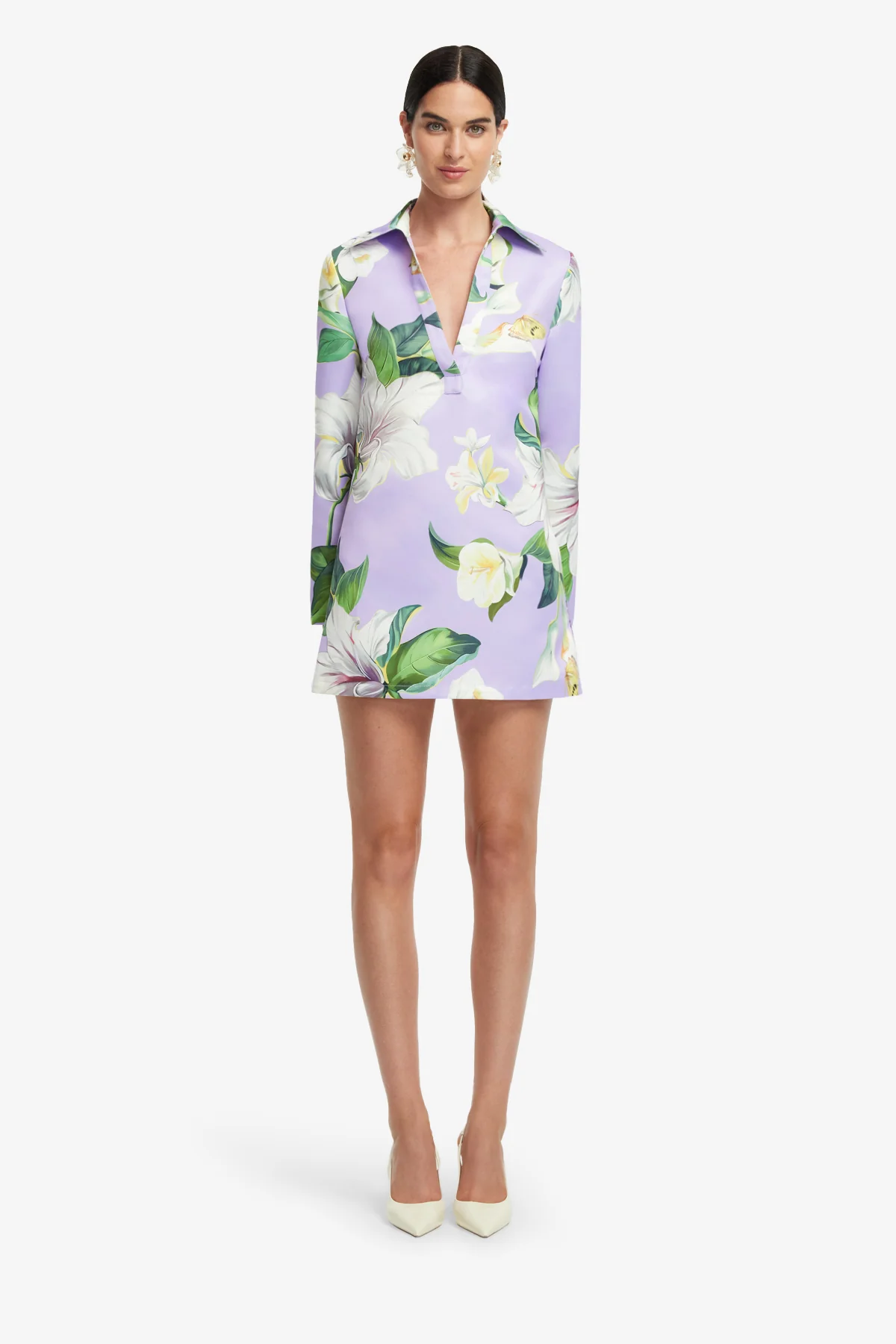 Acacia Shirt Mini Dress - Lily Blossom Print in Lilac - Image 2