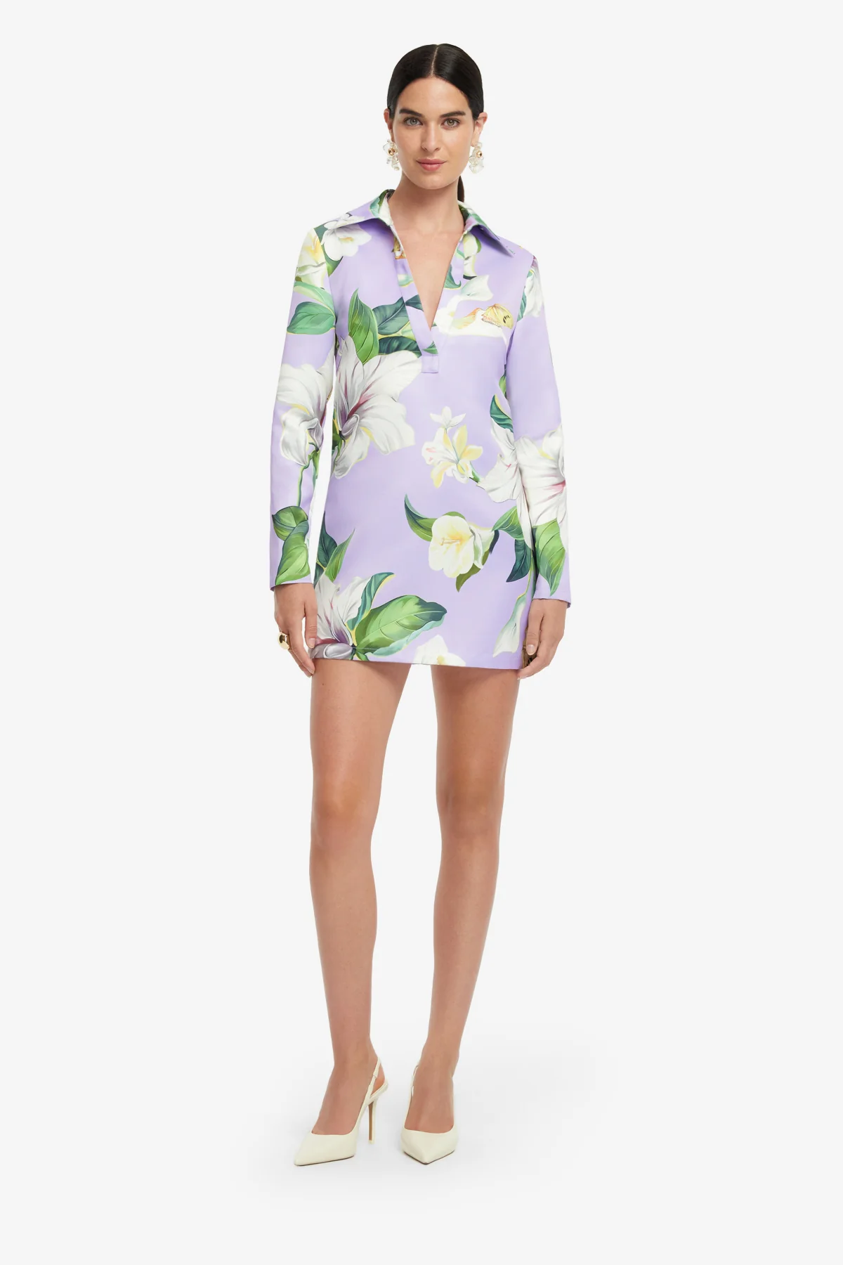 Acacia Shirt Mini Dress - Lily Blossom Print in Lilac - Image 3