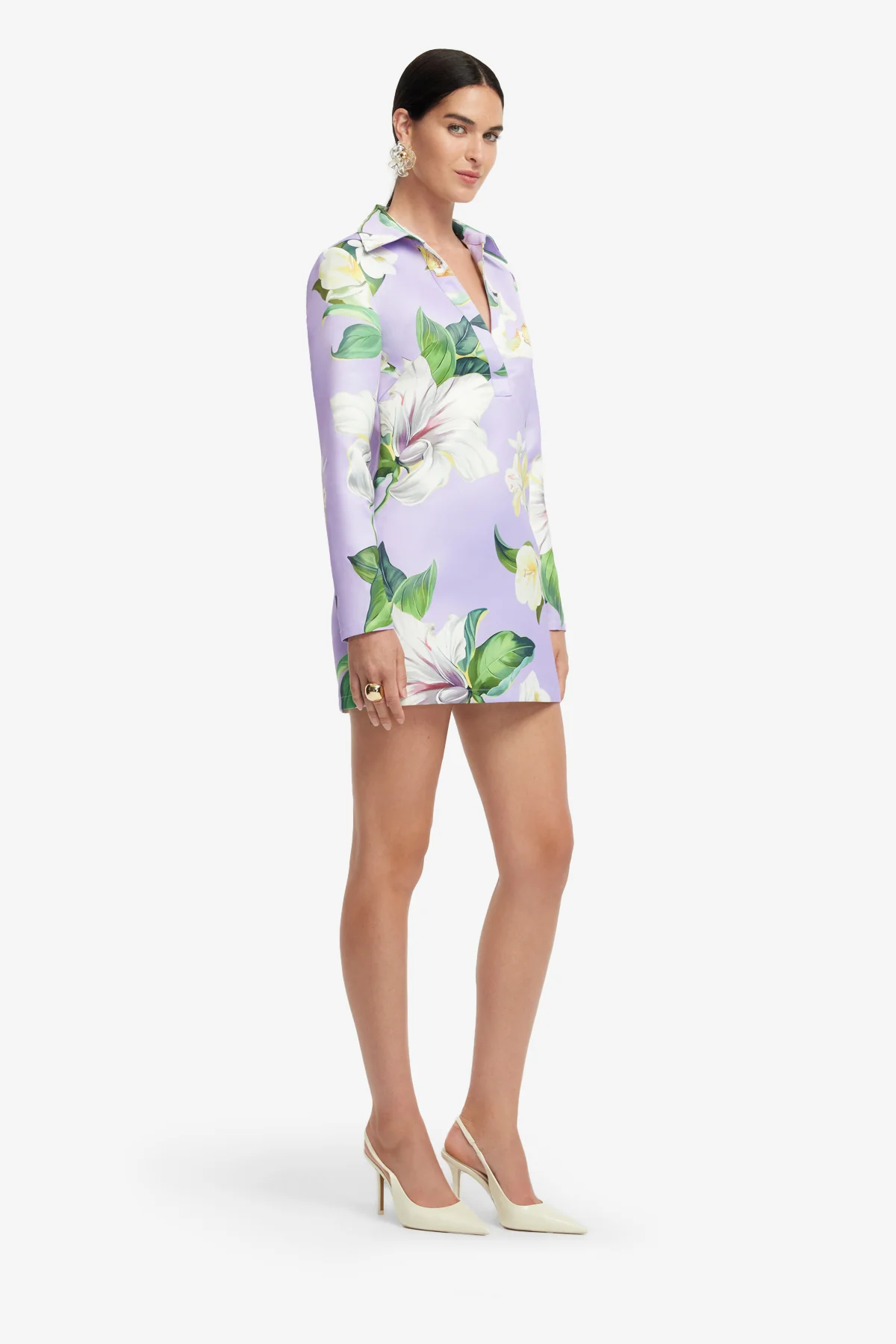 Acacia Shirt Mini Dress - Lily Blossom Print in Lilac - Image 4