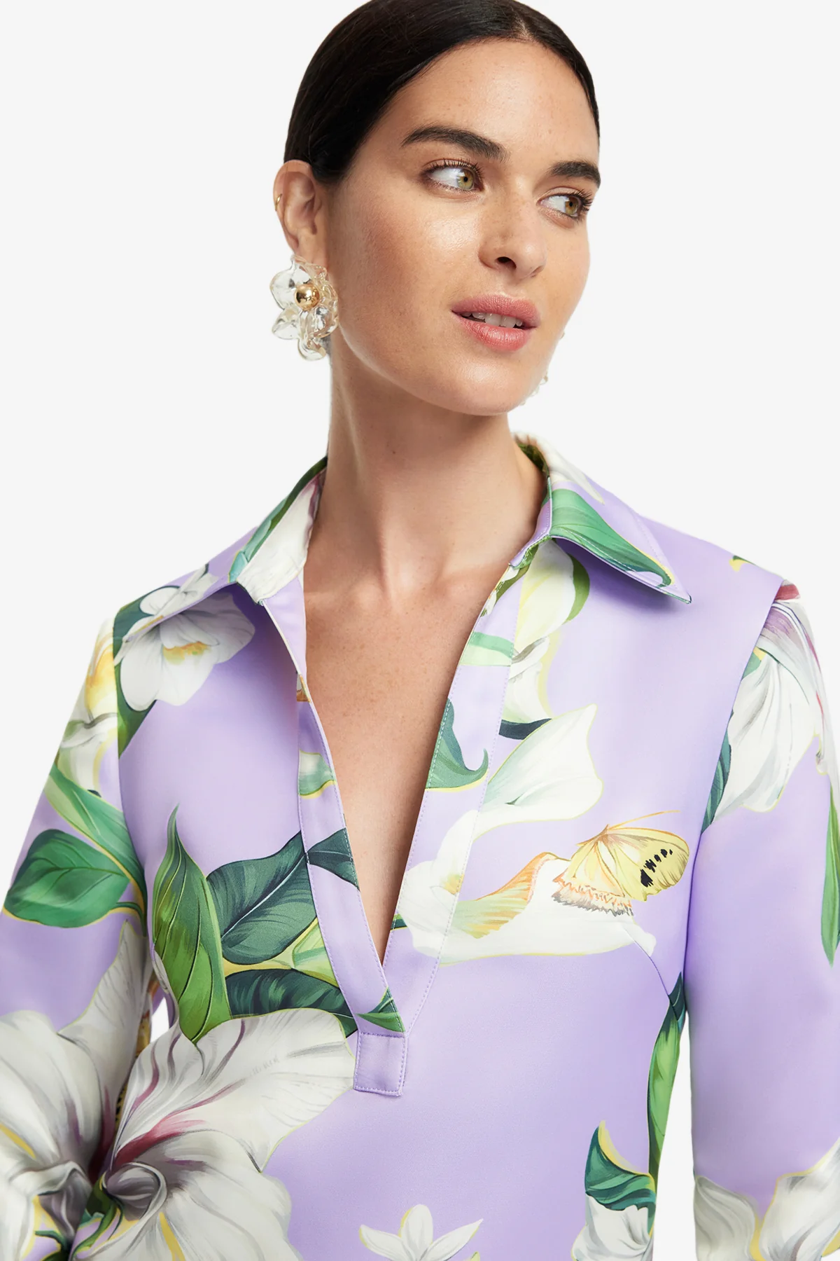 Acacia Shirt Mini Dress - Lily Blossom Print in Lilac - Image 6