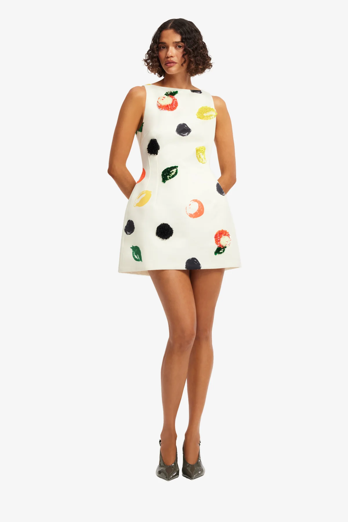 Ali Embellished Boat Neck Mini Dress - Citrus Spots - Image 3