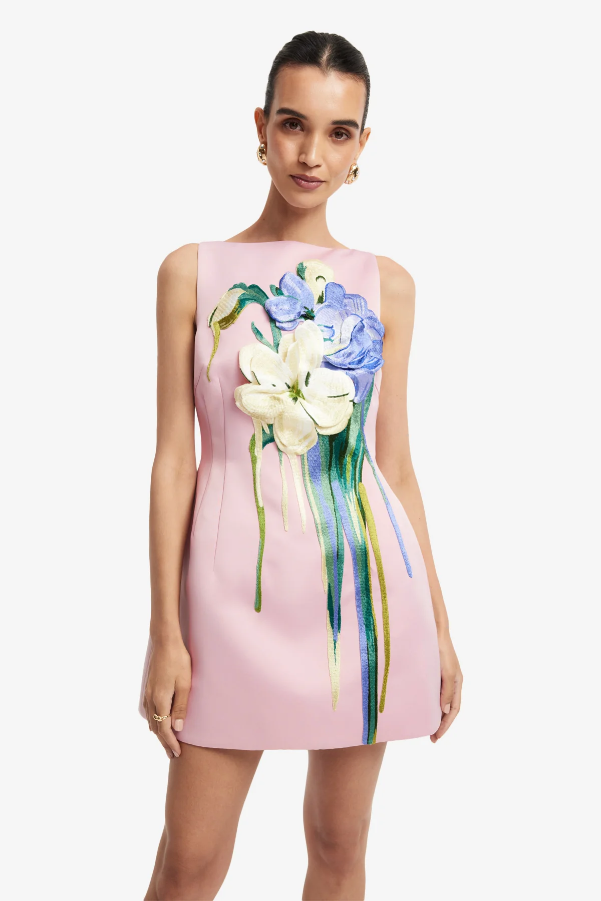 Ali Embroidered Boat Neck Mini Dress - Bouquet Print in Pastel Pink - Image 6