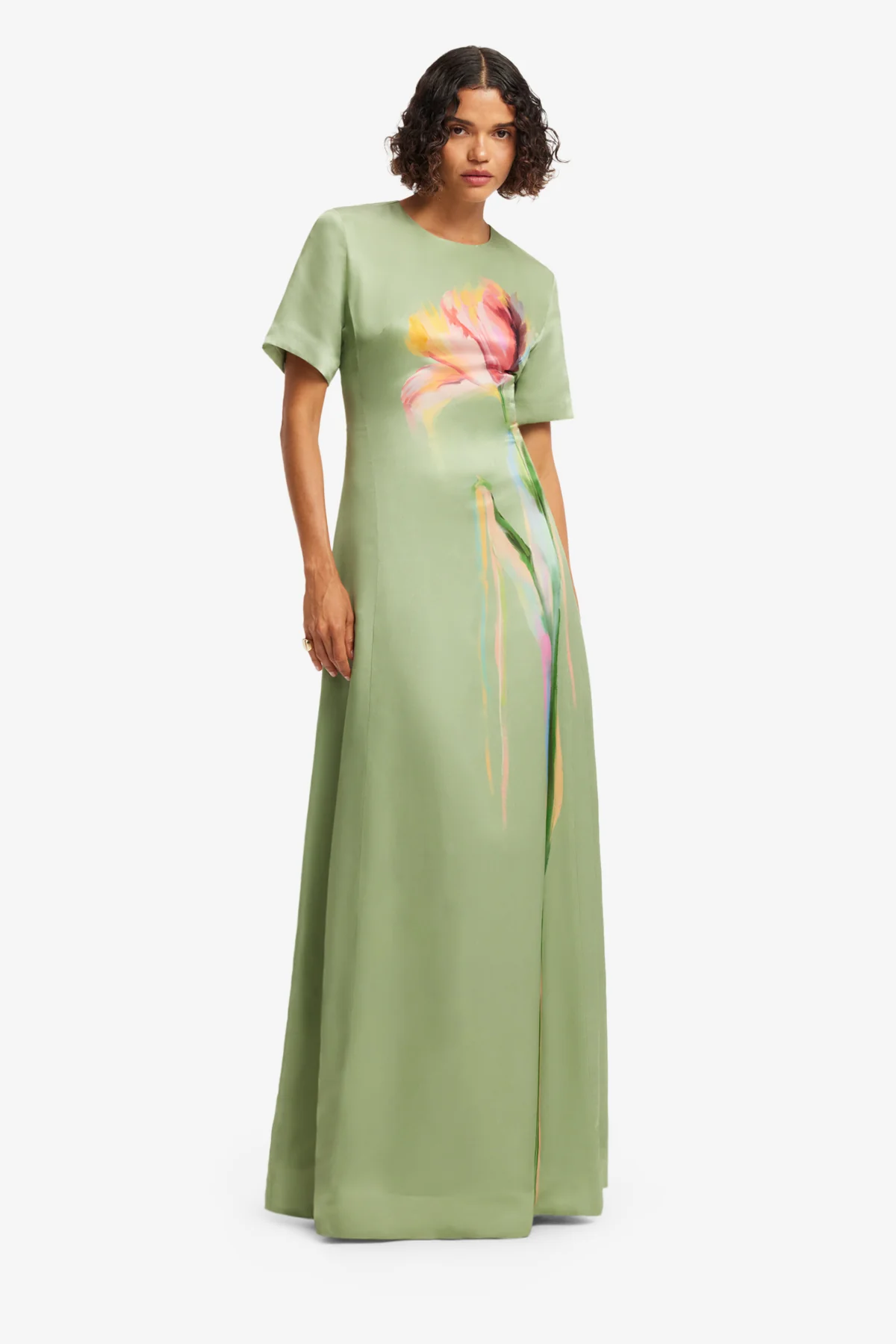 Alice Short Sleeve Maxi Dress - Tulip Print in Green - Image 3