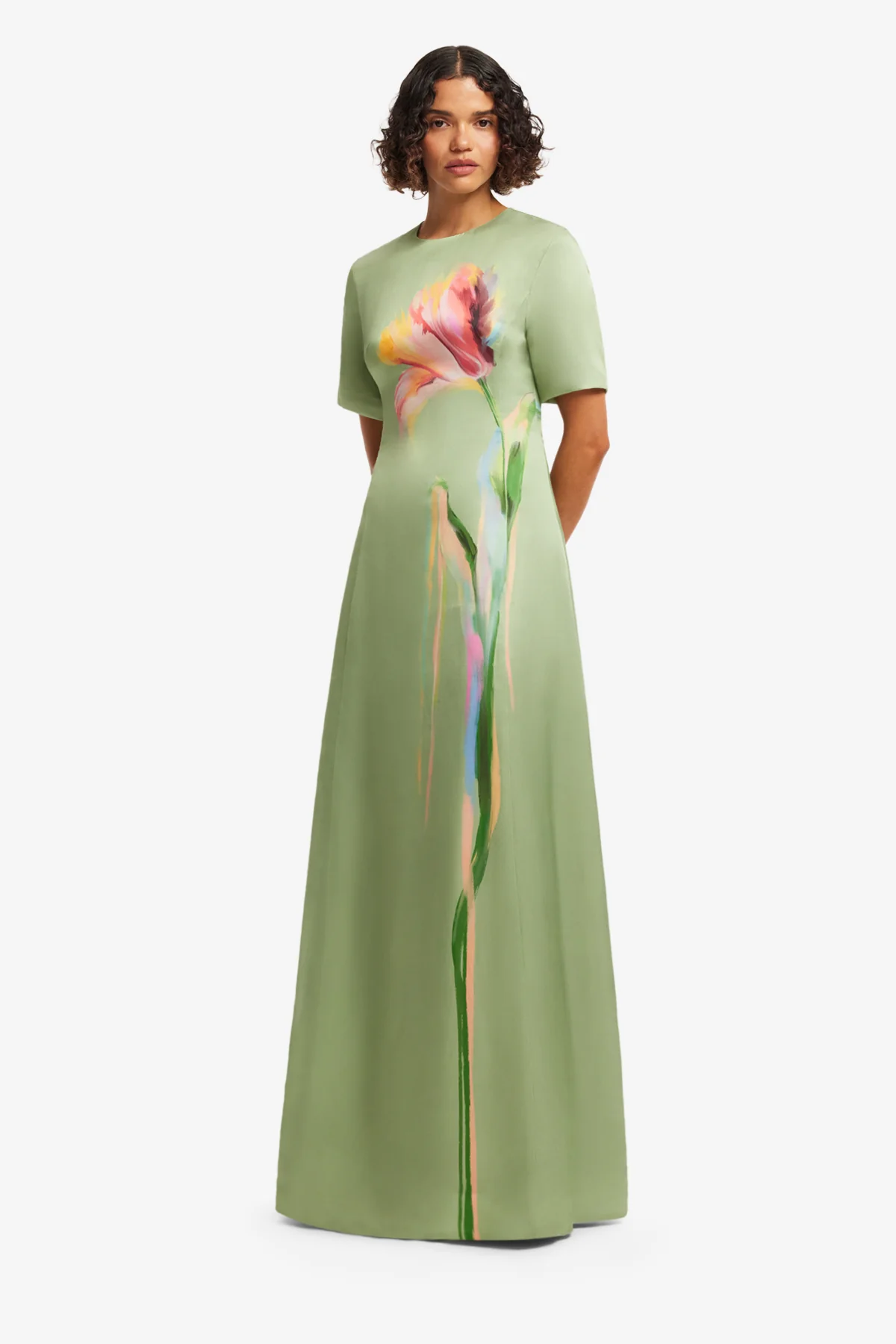 Alice Short Sleeve Maxi Dress - Tulip Print in Green - Image 4