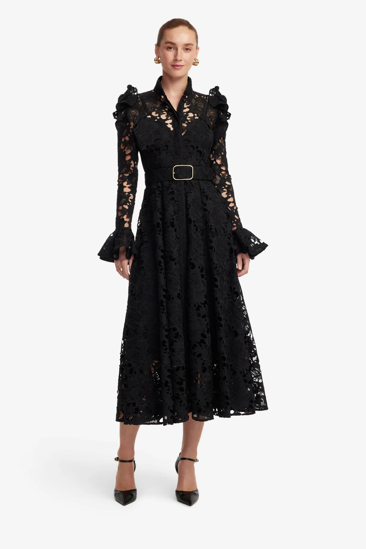 Aliyah Lace Butterfly Sleeve Midi Dress - Ebony - Image 3