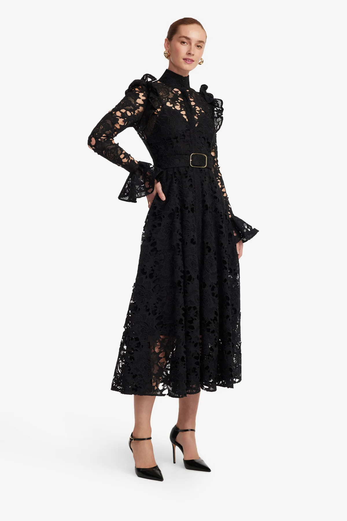Aliyah Lace Butterfly Sleeve Midi Dress - Ebony - Image 4