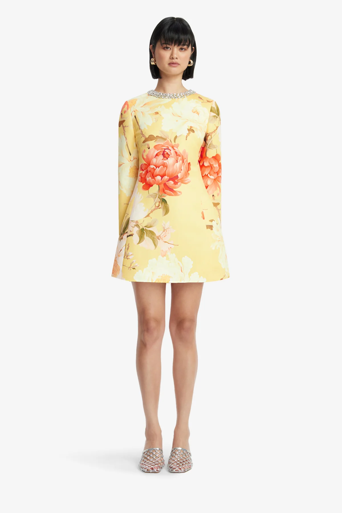 Aliza Embellished Long Sleeve Mini Dress - Peony Print in Yellow - Image 2