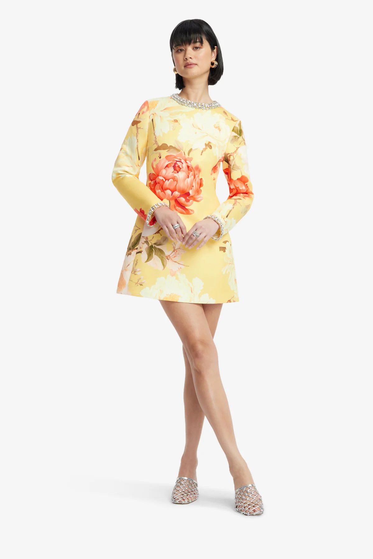 Aliza Embellished Long Sleeve Mini Dress - Peony Print in Yellow - Image 3