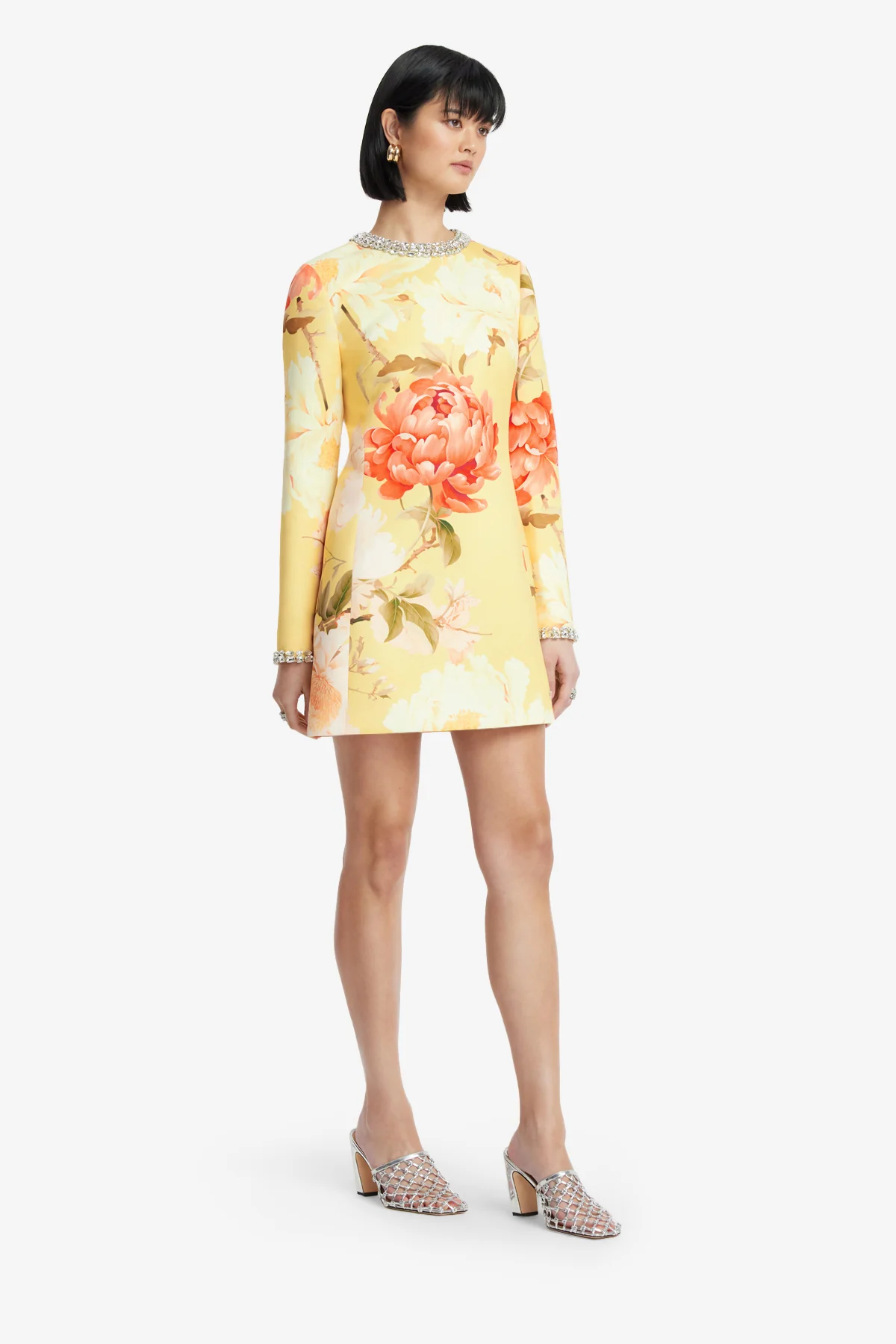 Aliza Embellished Long Sleeve Mini Dress - Peony Print in Yellow - Image 4
