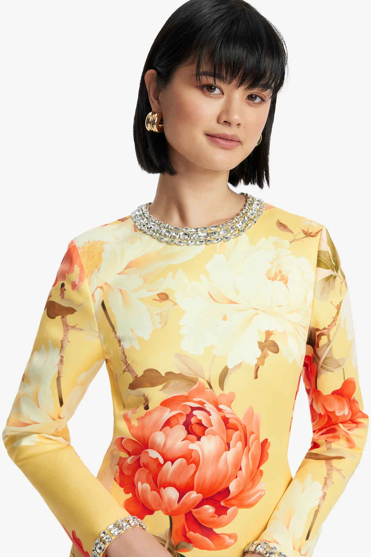 Aliza Embellished Long Sleeve Mini Dress - Peony Print in Yellow - Image 6