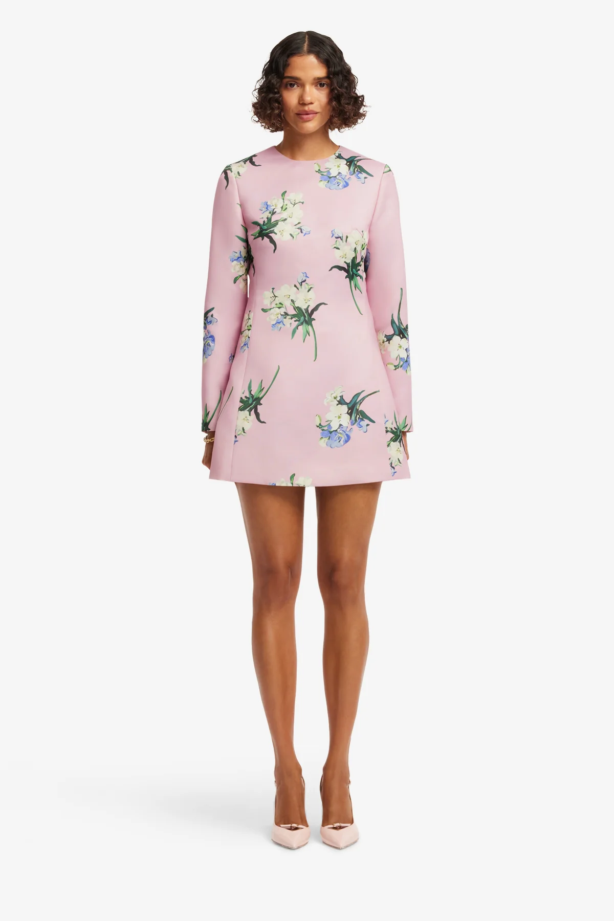 Aliza Long Sleeve Mini Dress - Bouquet Print in Pastel Pink - Image 2