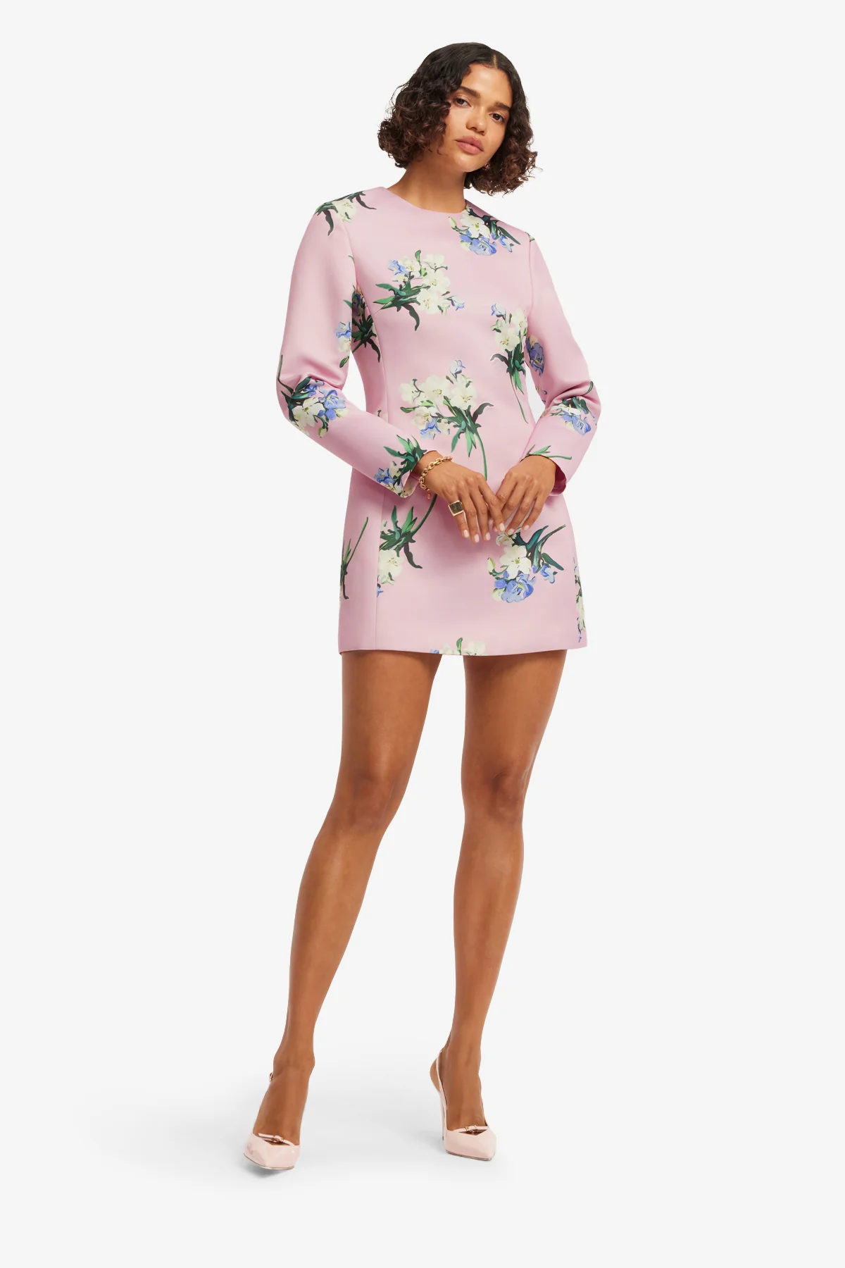 Aliza Long Sleeve Mini Dress - Bouquet Print in Pastel Pink - Image 3