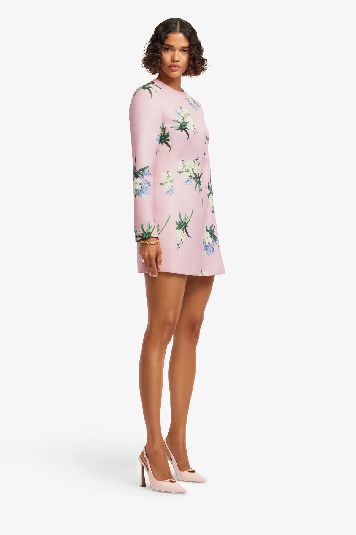 Aliza Long Sleeve Mini Dress - Bouquet Print in Pastel Pink - Image 4