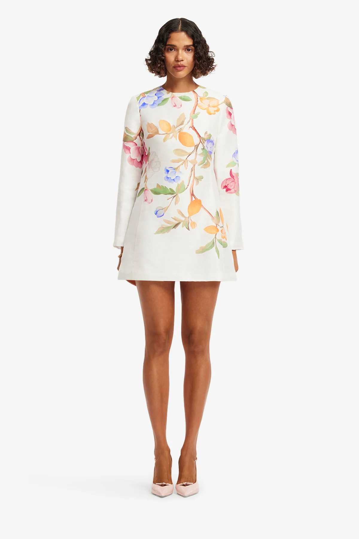 Aliza Long Sleeve Mini Dress - Lemon Vine Print in Snow - Image 2