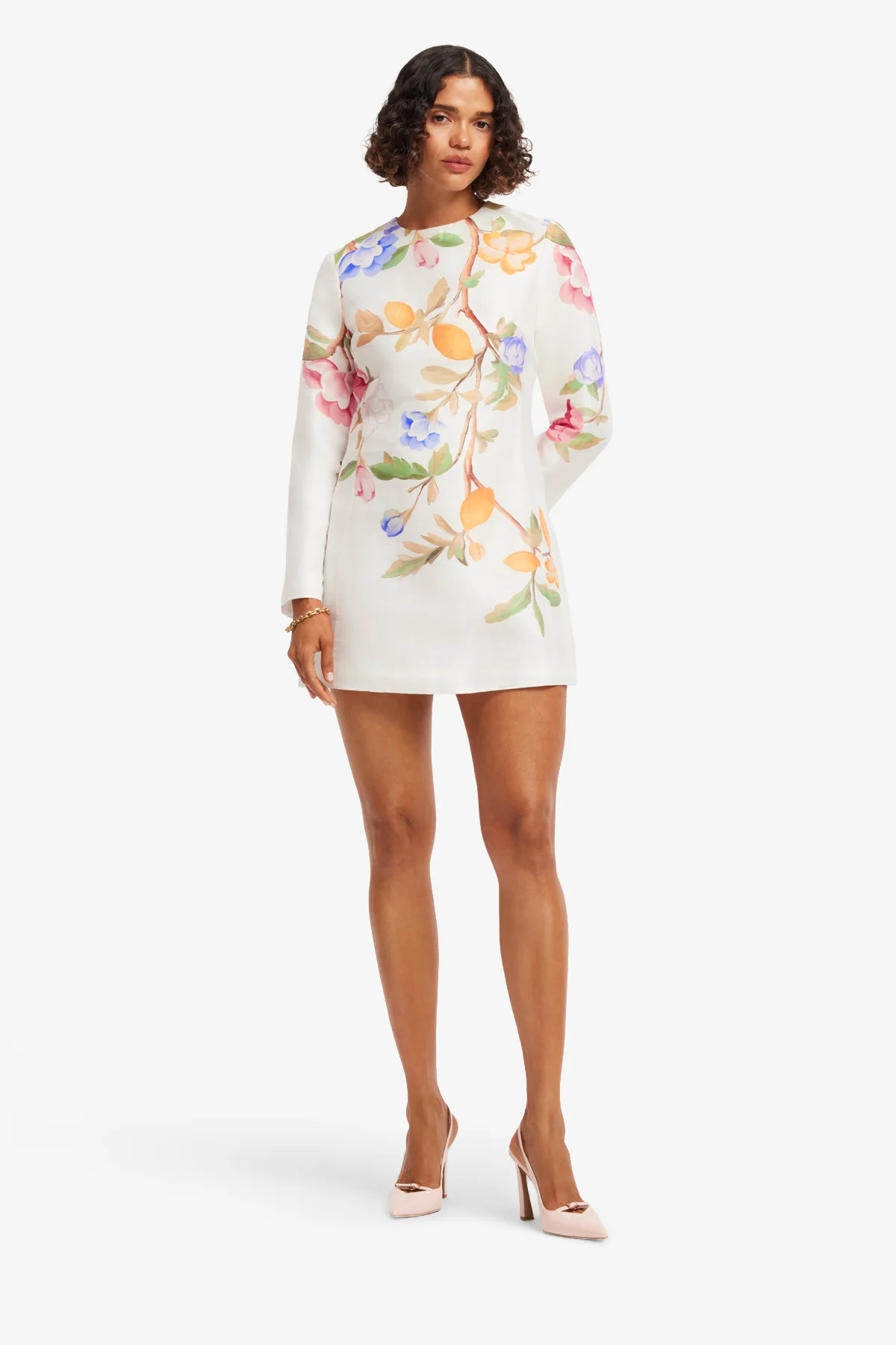 Aliza Long Sleeve Mini Dress - Lemon Vine Print in Snow - Image 3