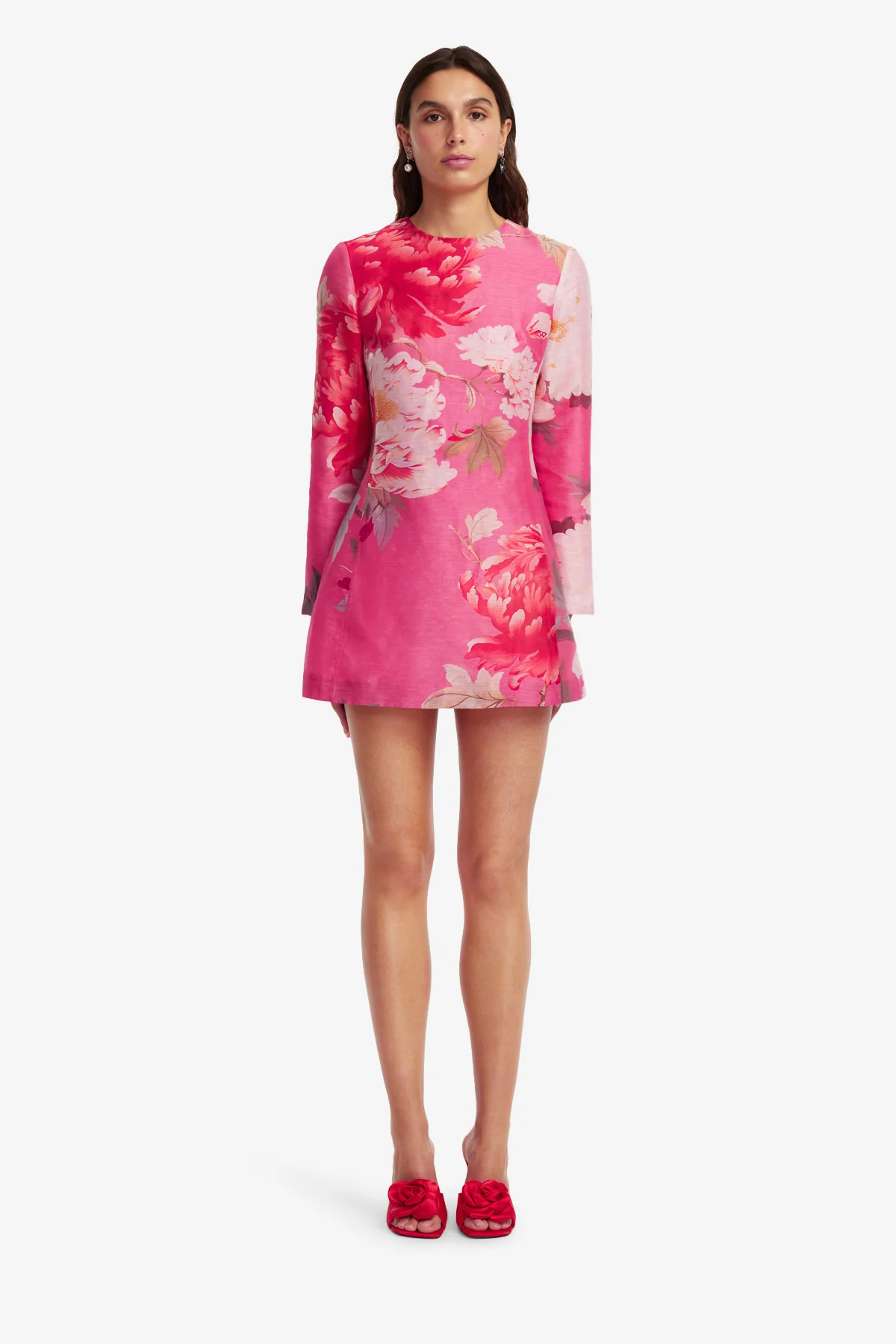Aliza Long Sleeve Mini Dress - Peony Print in Fuchsia - Image 2