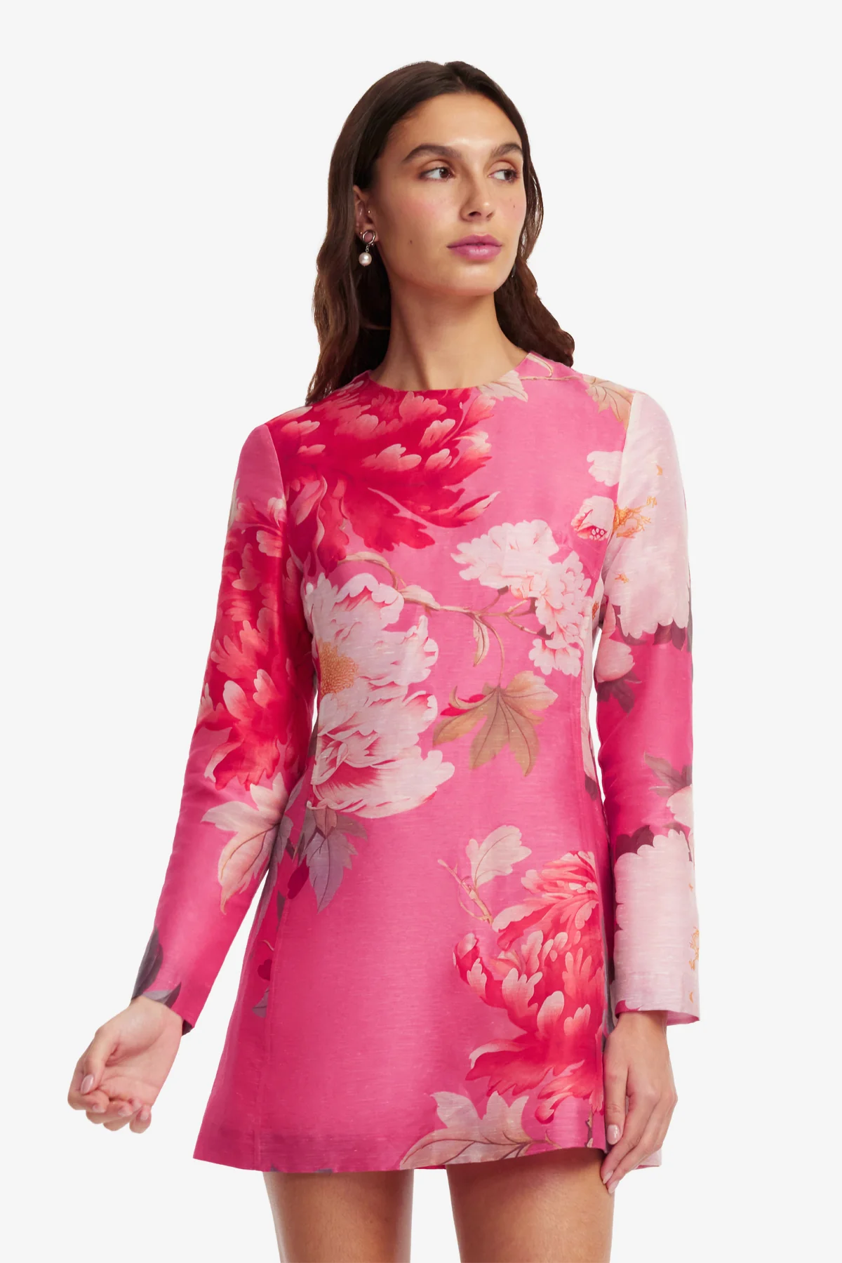 Aliza Long Sleeve Mini Dress - Peony Print in Fuchsia - Image 6
