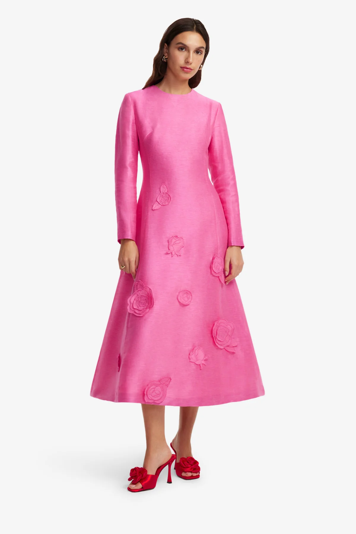 Amira Long Sleeve Petal Midi Dress - Fuchsia - Image 3