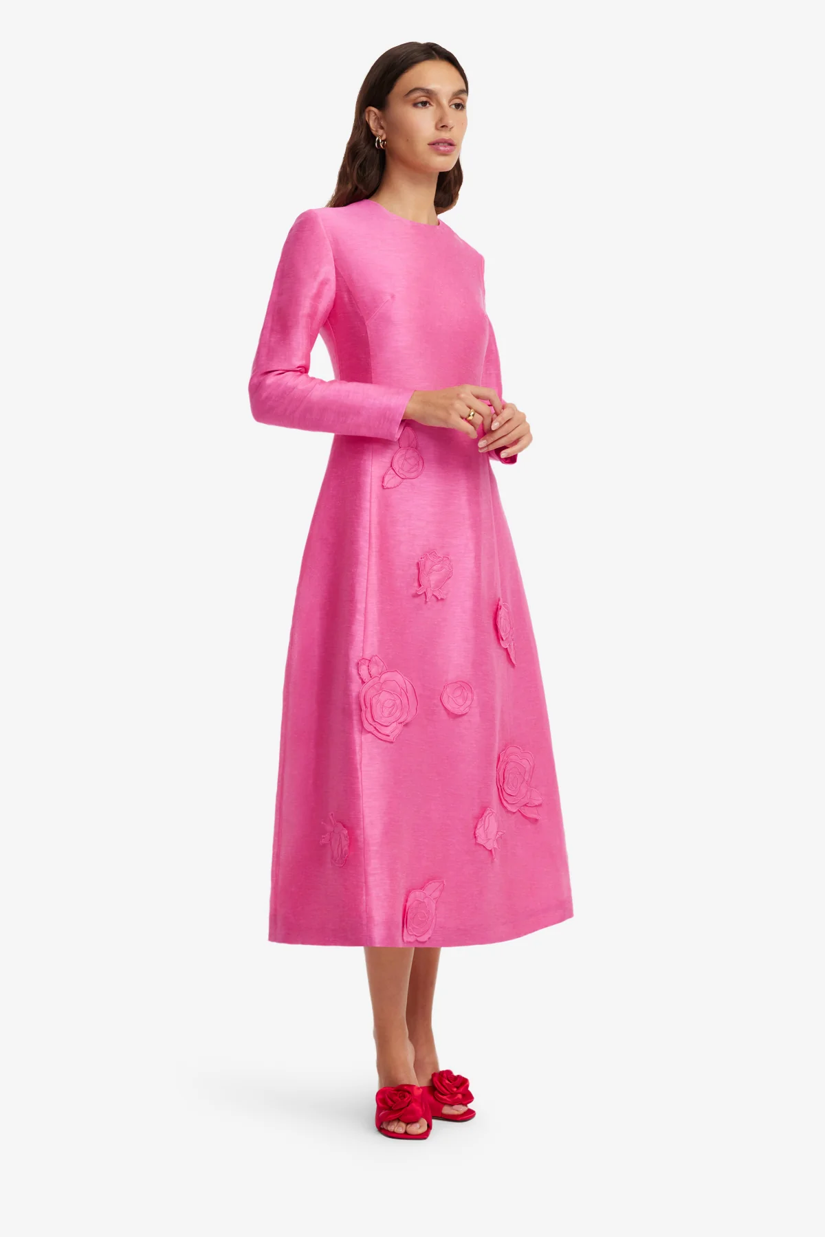 Amira Long Sleeve Petal Midi Dress - Fuchsia - Image 4
