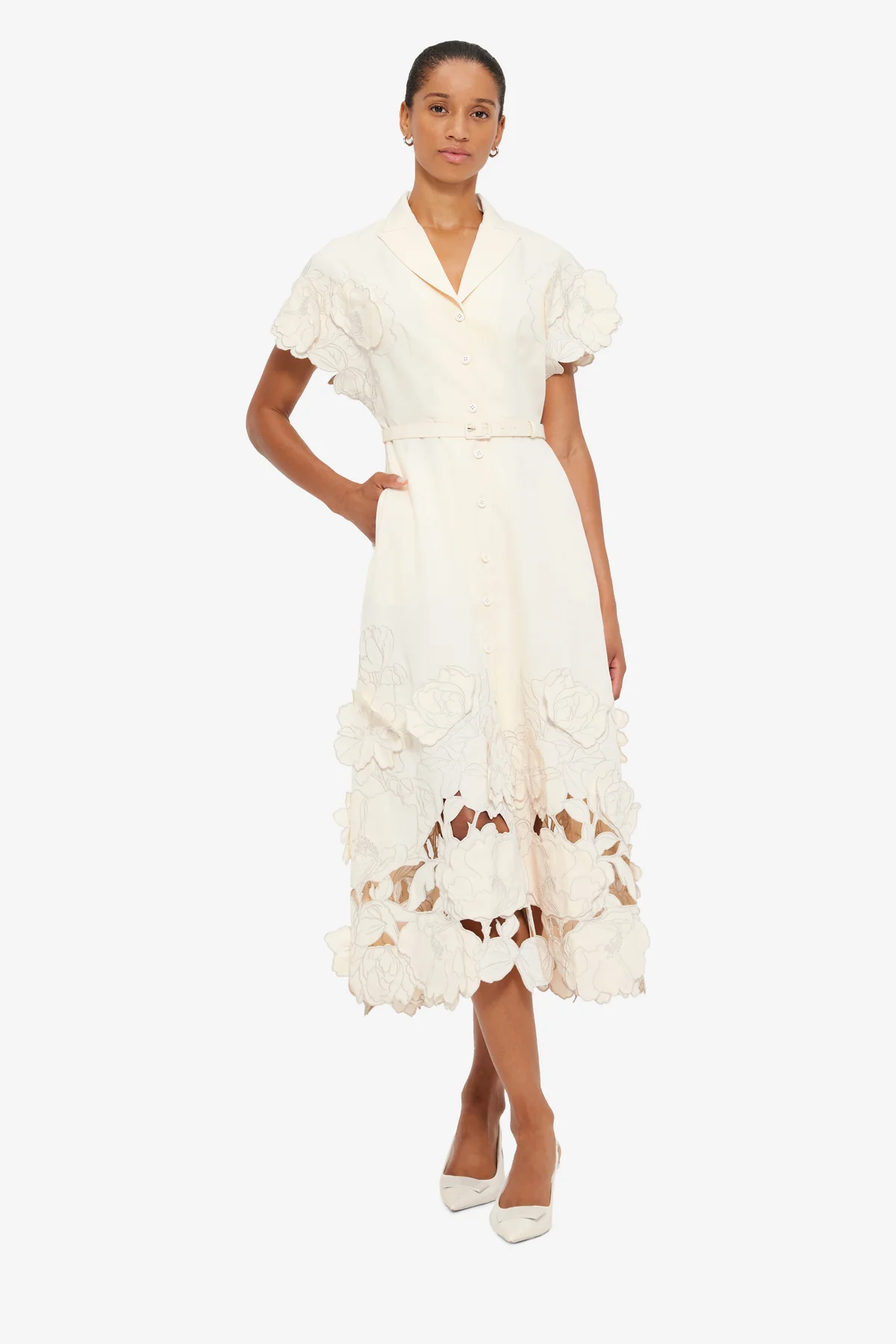 Aubrey Appliqué Shirt Midi Dress - Cream - Image 3