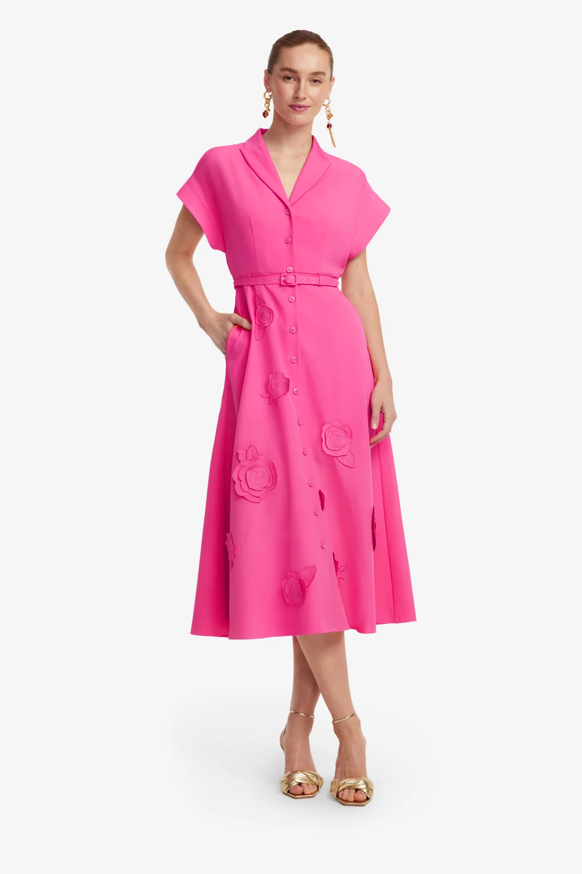 Aubrey Appliqué Shirt Midi Dress - Fuchsia - Image 3