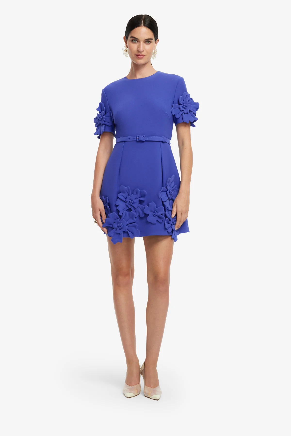 Aurelie Floral Appliqué Short Sleeve Mini Dress - Lapis - Image 3