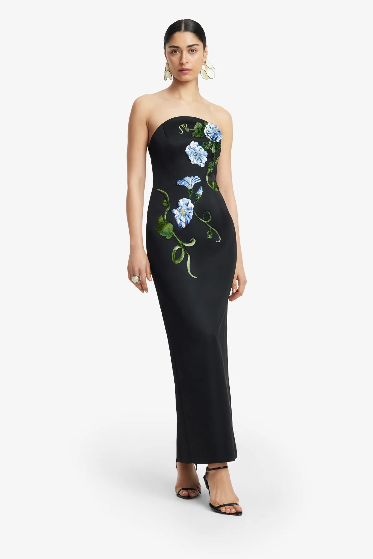 Ava Halterneck Appliqué Floral Bustier Maxi Dress - Vine Print in Ebony - Image 3