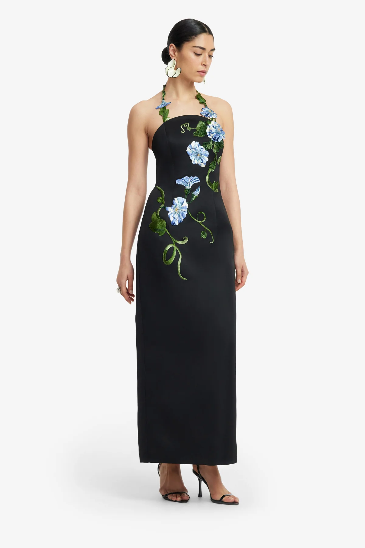 Ava Halterneck Appliqué Floral Bustier Maxi Dress - Vine Print in Ebony - Image 4