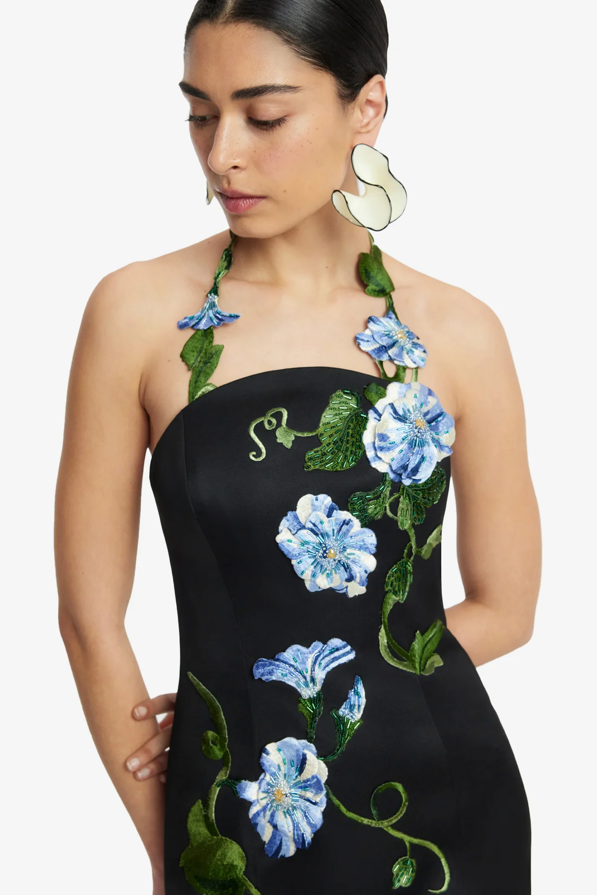 Ava Halterneck Appliqué Floral Bustier Maxi Dress - Vine Print in Ebony - Image 6