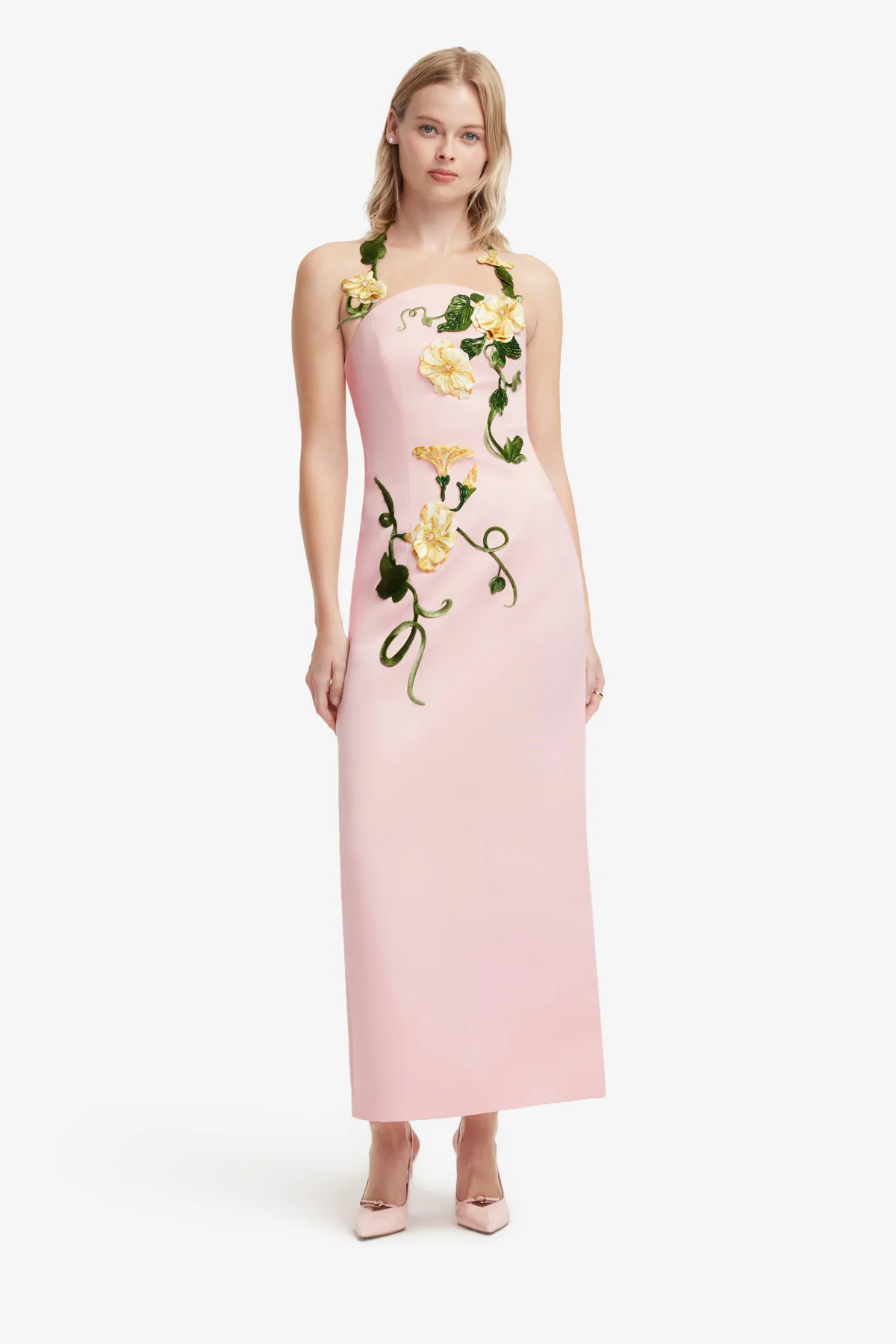 Ava Halterneck Appliqué Floral Bustier Maxi Dress - Vine Print in Pink - Image 3