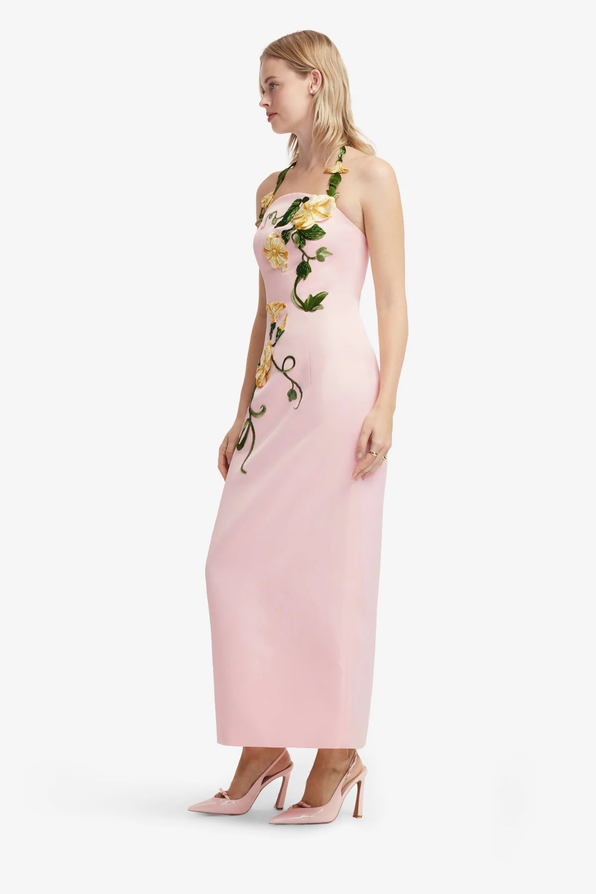 Ava Halterneck Appliqué Floral Bustier Maxi Dress - Vine Print in Pink - Image 4