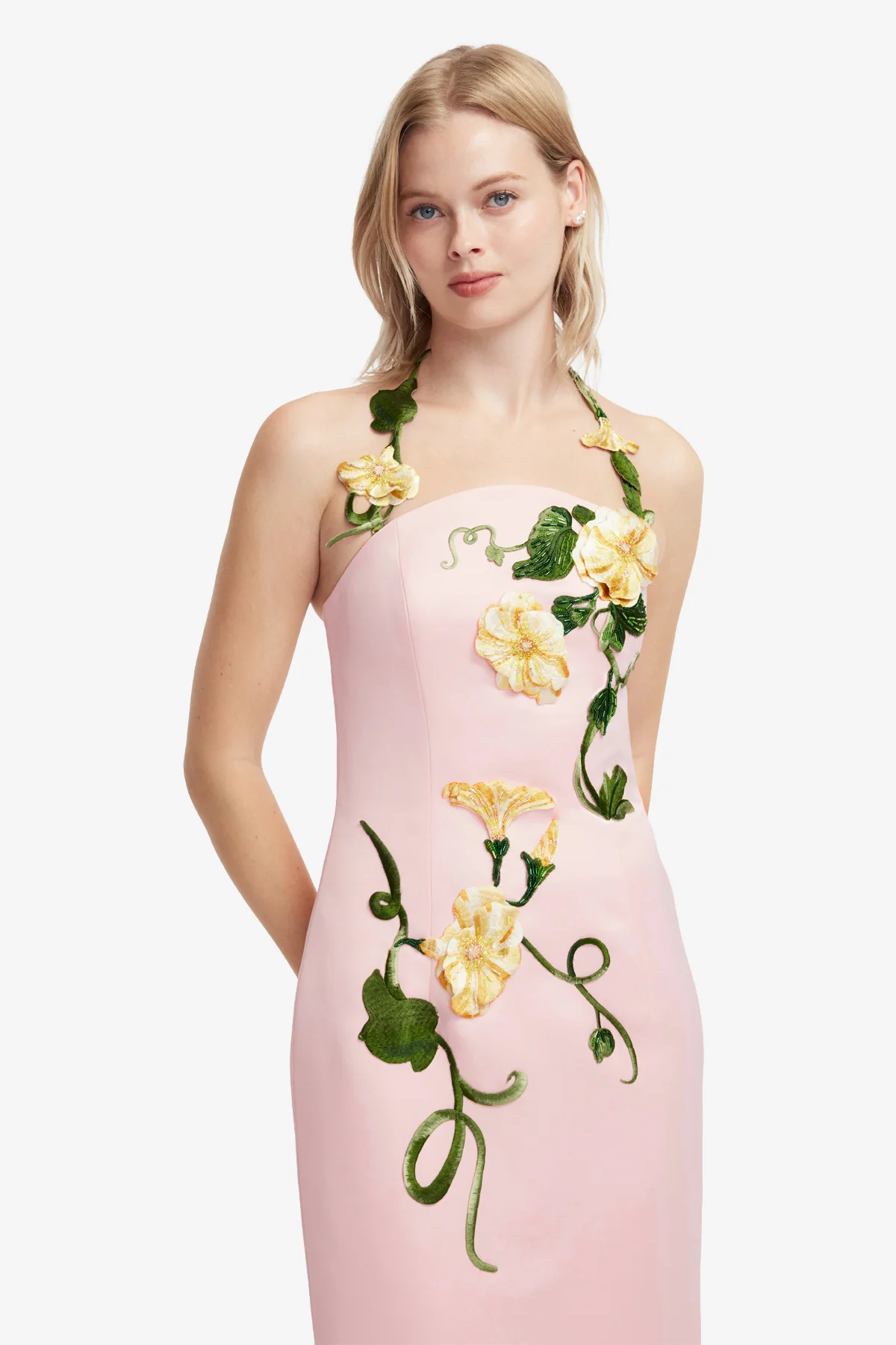 Ava Halterneck Appliqué Floral Bustier Maxi Dress - Vine Print in Pink - Image 6