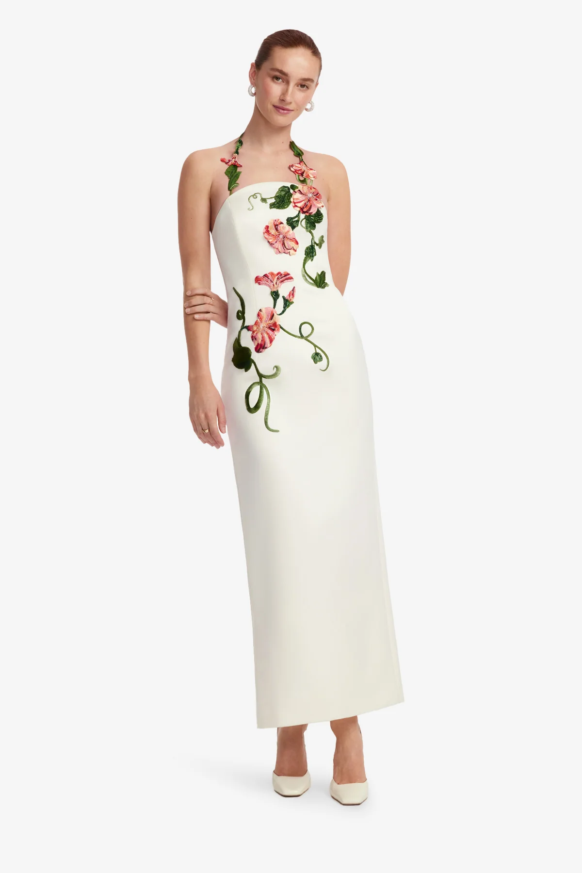 Ava Halterneck Appliqué Floral Bustier Maxi Dress - Vine Print in Snow - Image 3