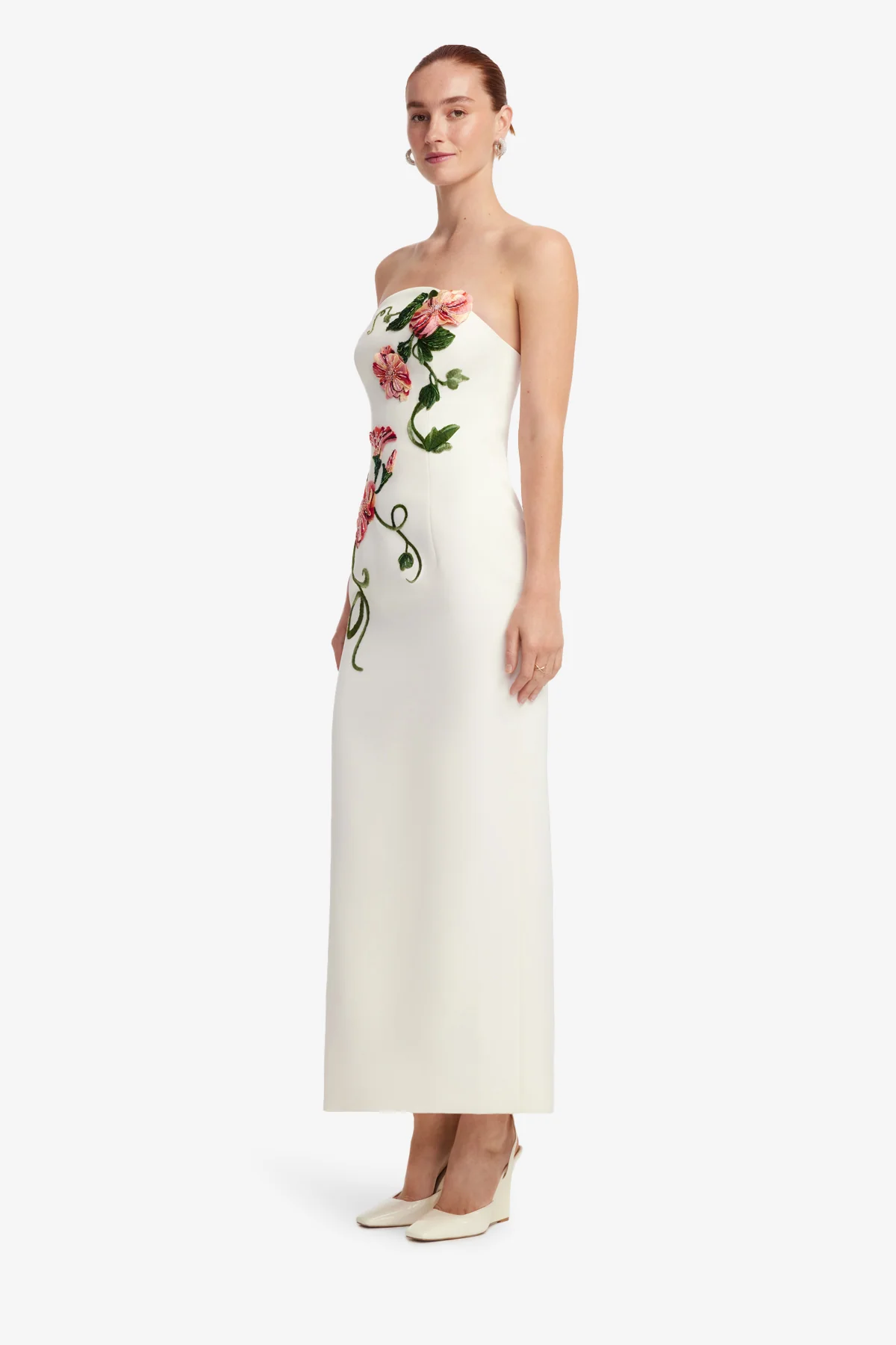 Ava Halterneck Appliqué Floral Bustier Maxi Dress - Vine Print in Snow - Image 4