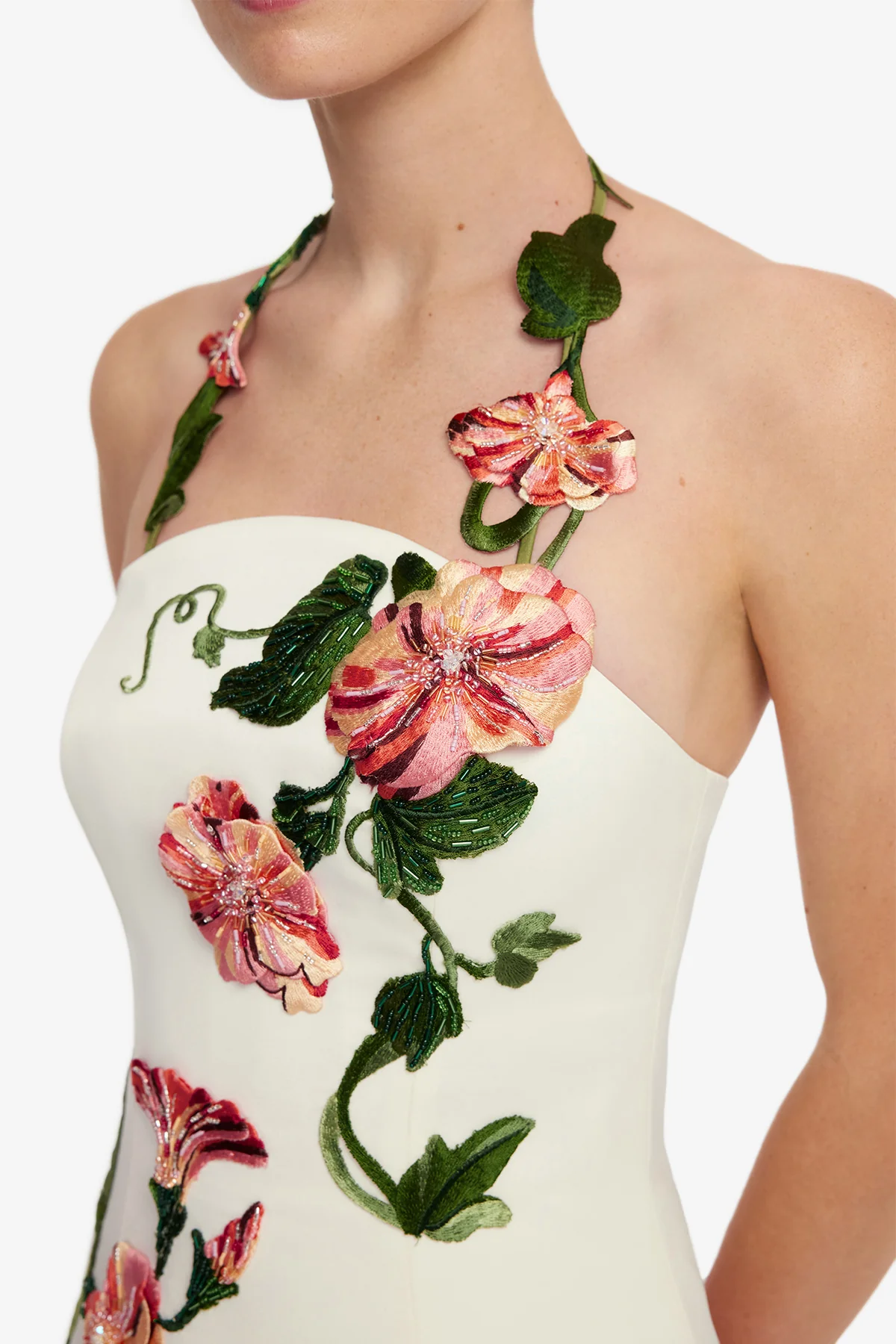 Ava Halterneck Appliqué Floral Bustier Maxi Dress - Vine Print in Snow - Image 6