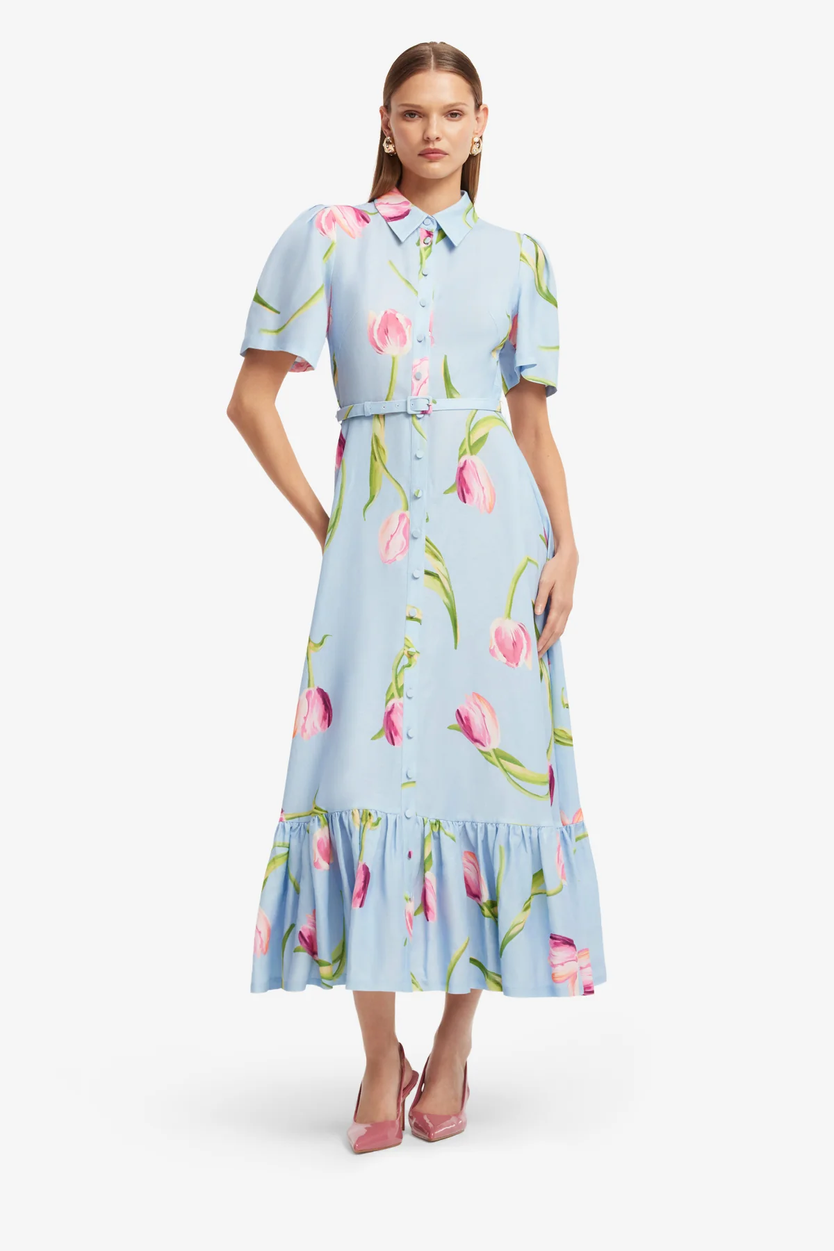 Becca Short Sleeve Midi Dress - Tulip Print in Blue - Image 3