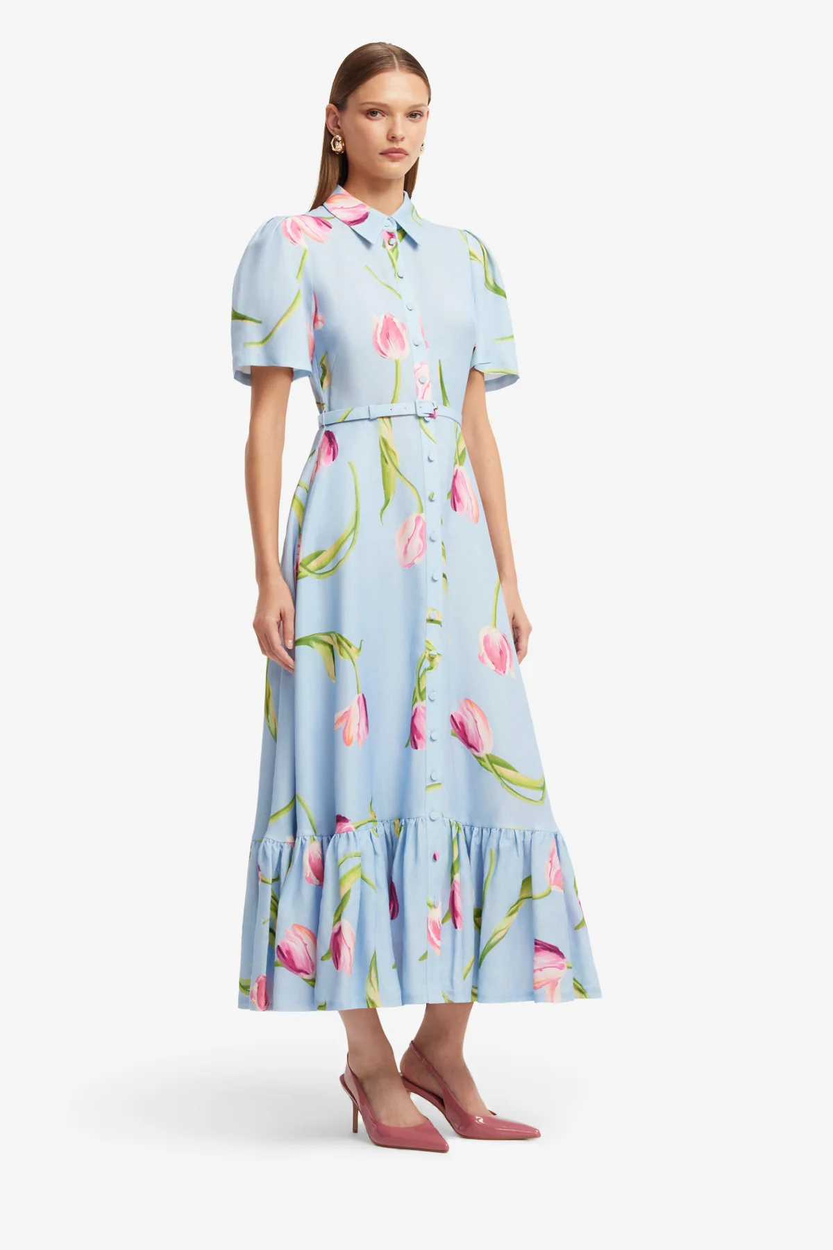 Becca Short Sleeve Midi Dress - Tulip Print in Blue - Image 4