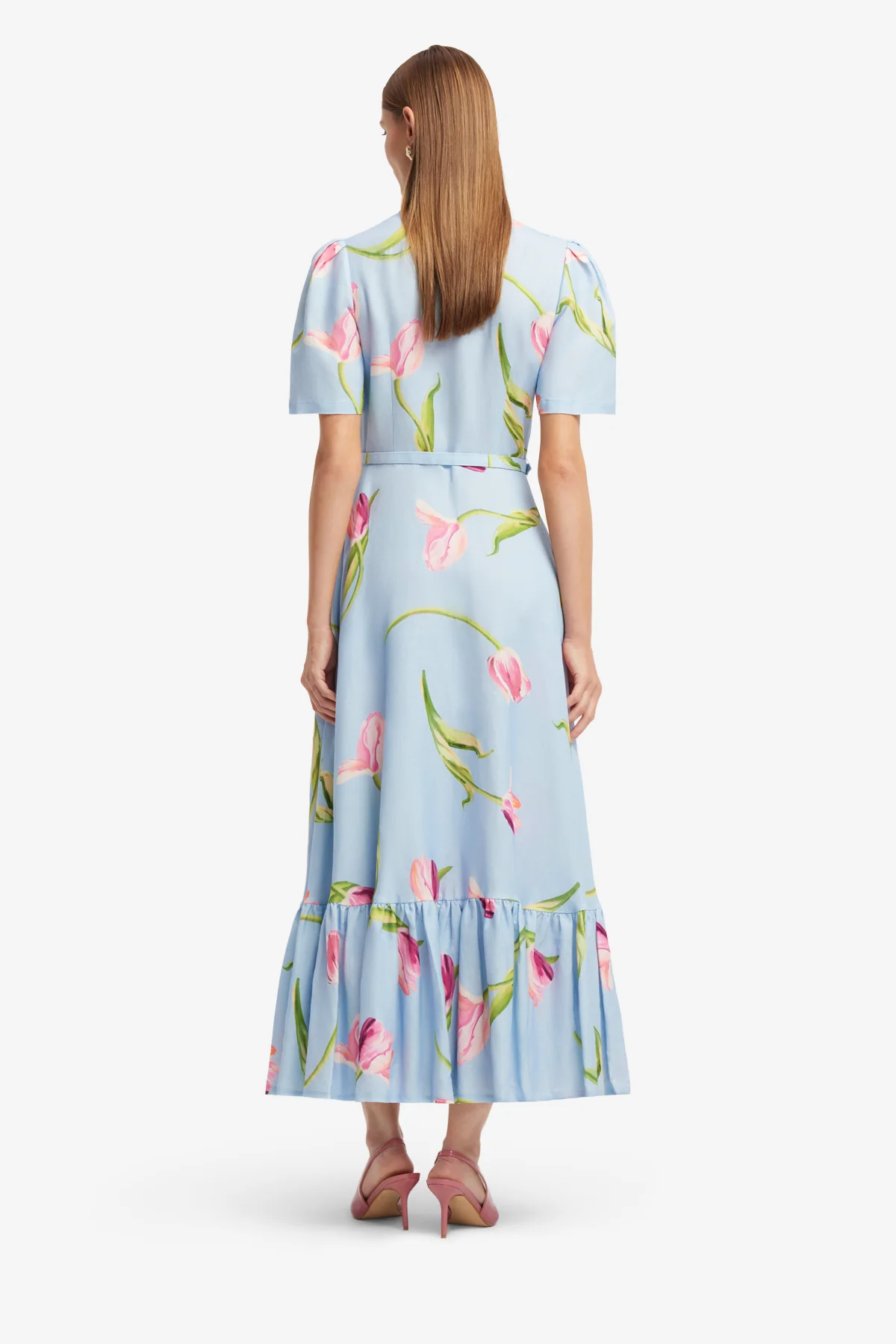 Becca Short Sleeve Midi Dress - Tulip Print in Blue - Image 5