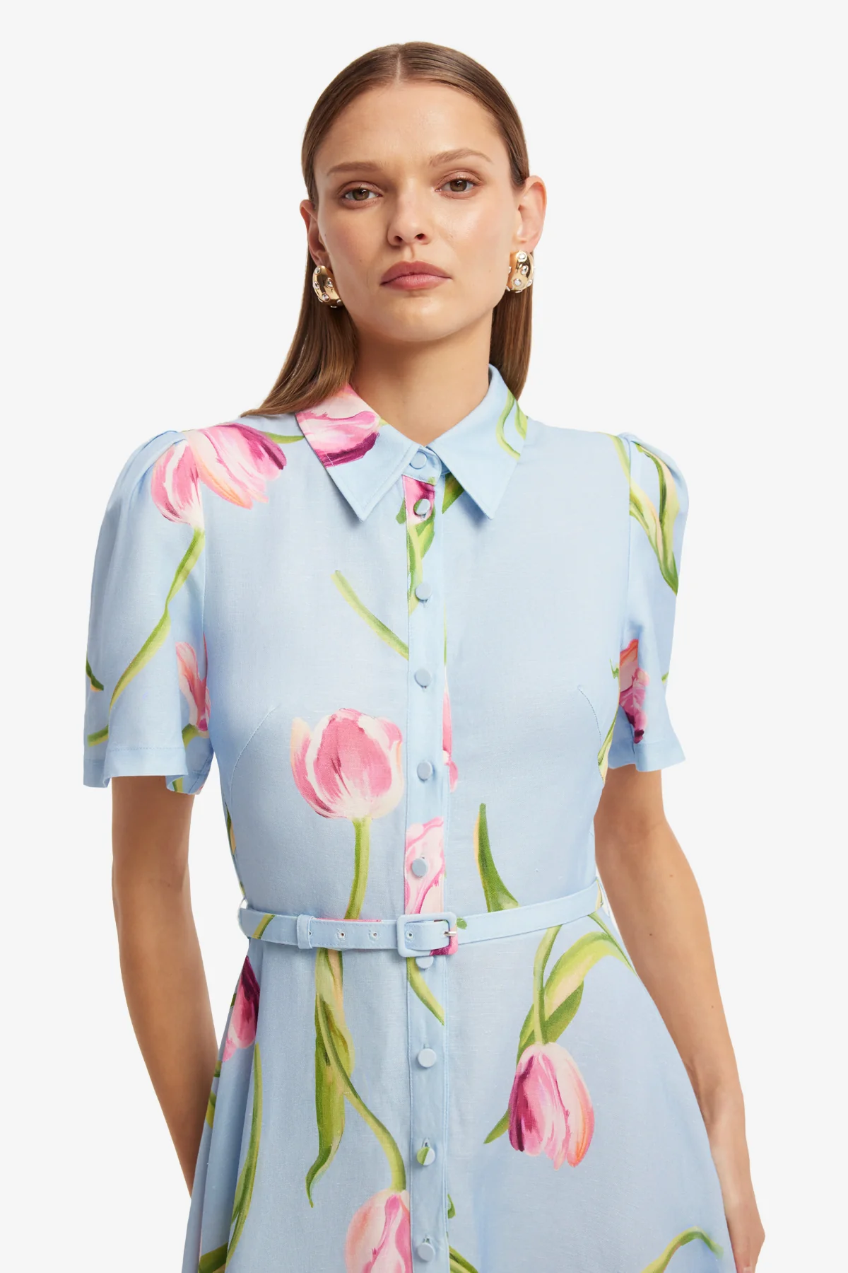 Becca Short Sleeve Midi Dress - Tulip Print in Blue - Image 6