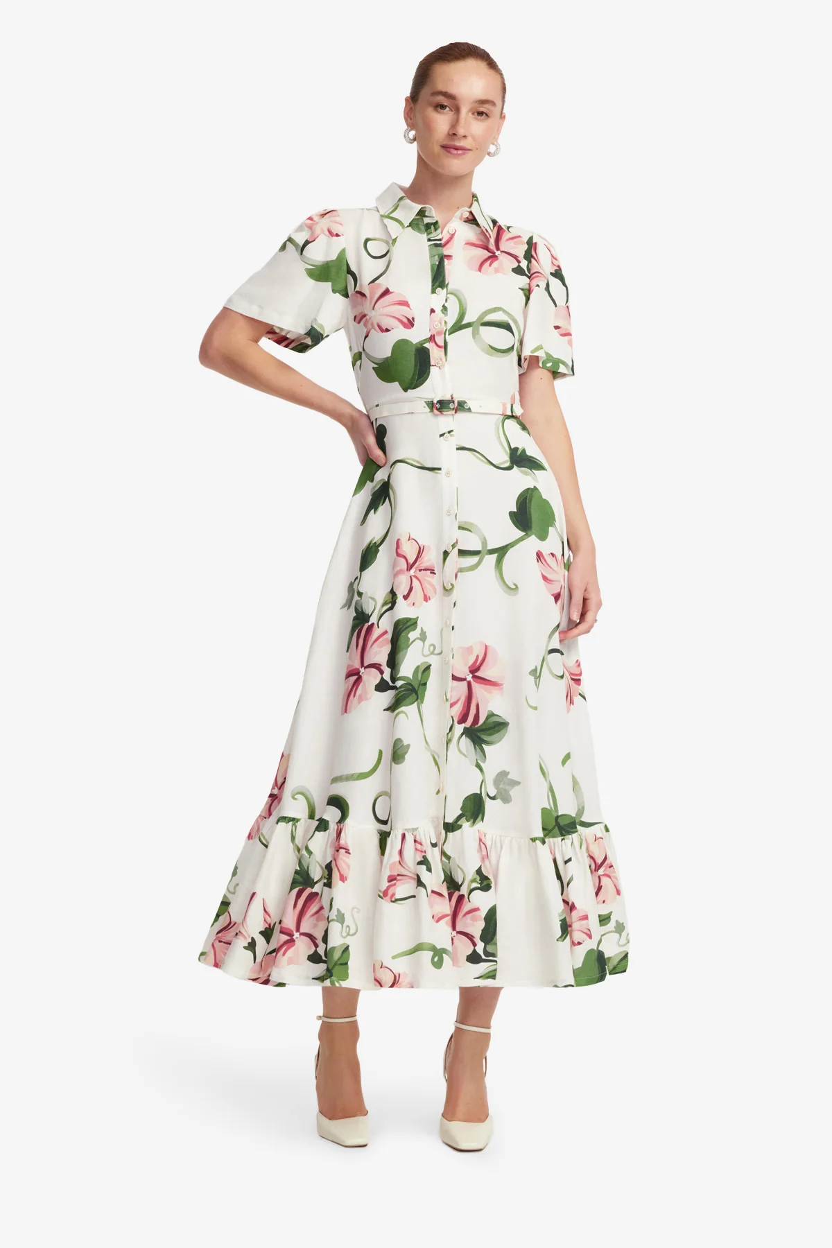 Becca Short Sleeve Midi Dress  - Vine Print in Snow - Image 3