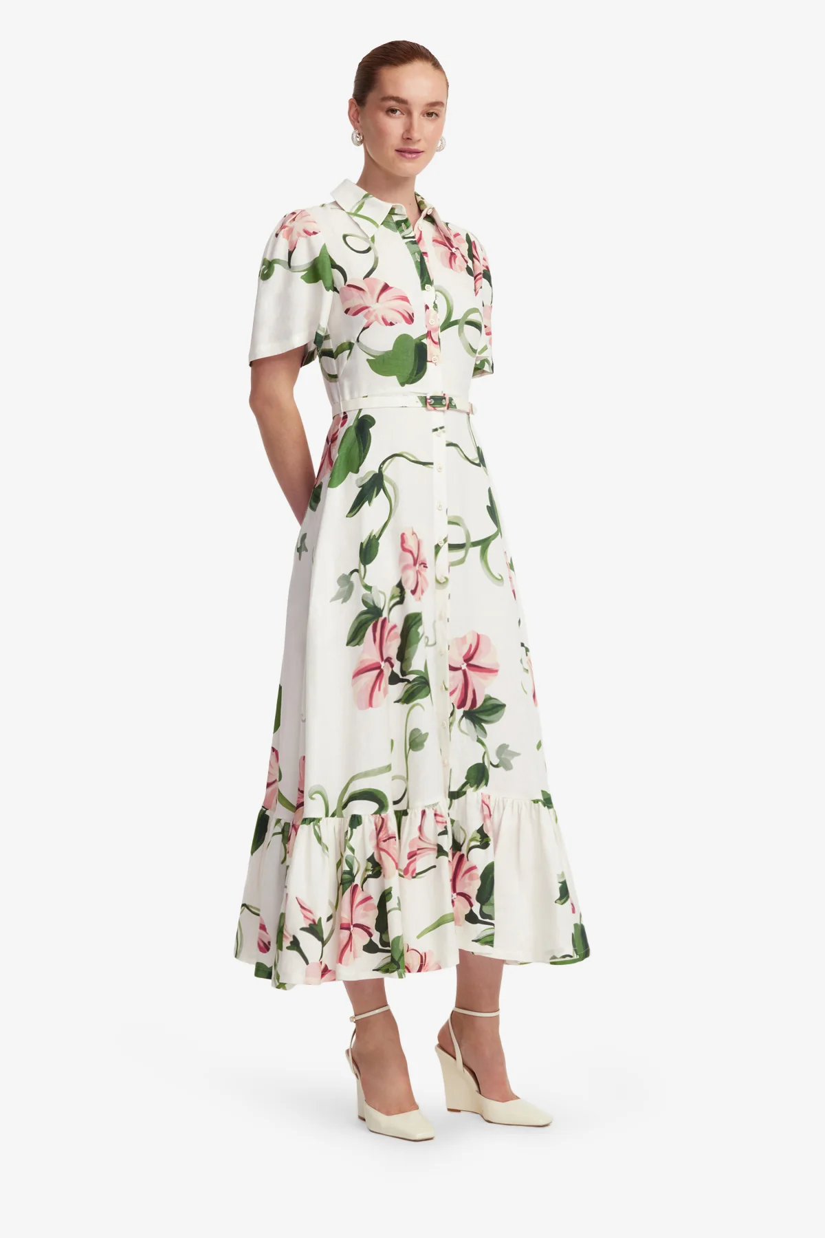Becca Short Sleeve Midi Dress  - Vine Print in Snow - Image 4
