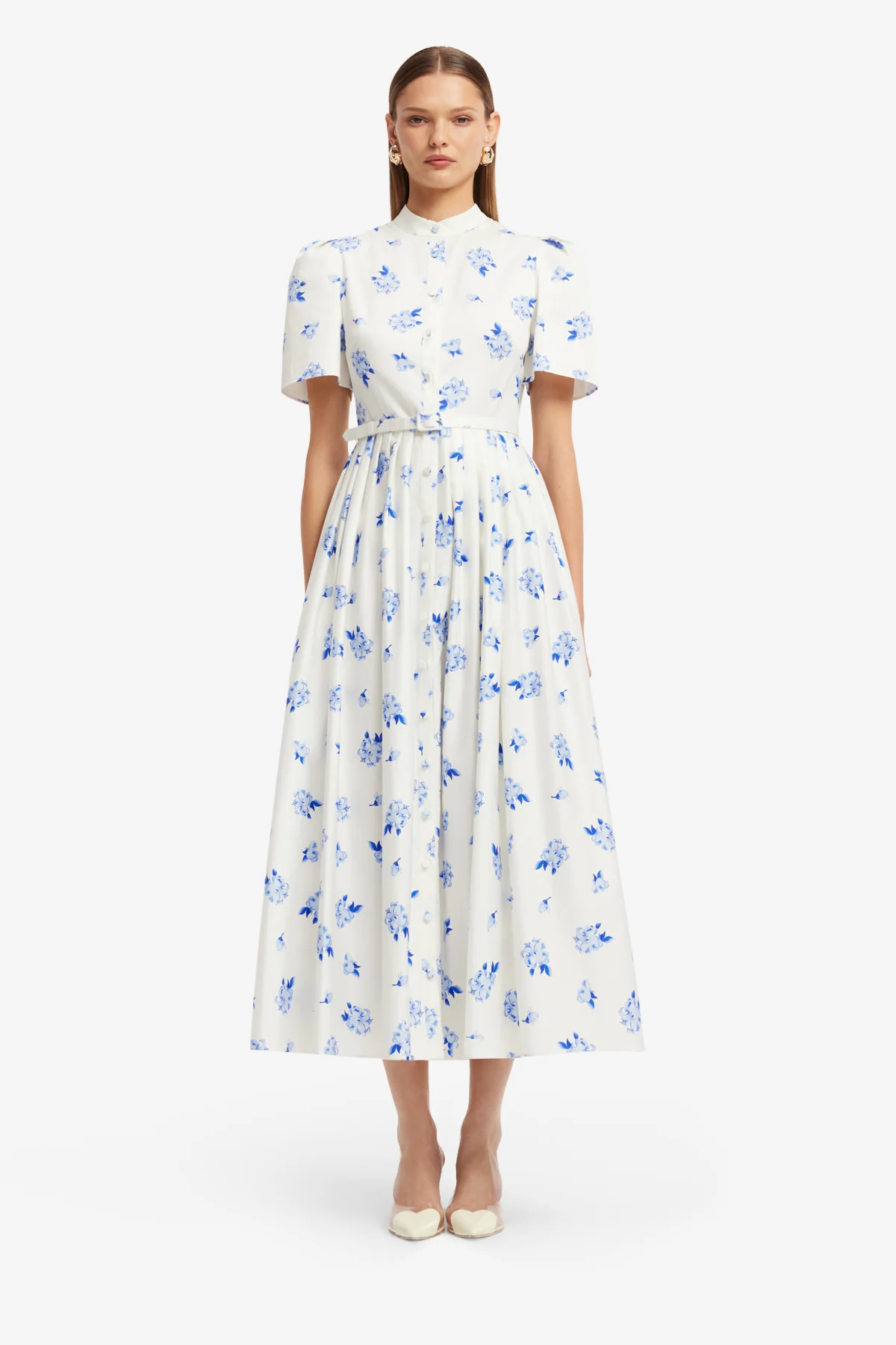 Bianca Short Sleeve Midi Dress - Ditsy Floral Print in Snow - Image 2