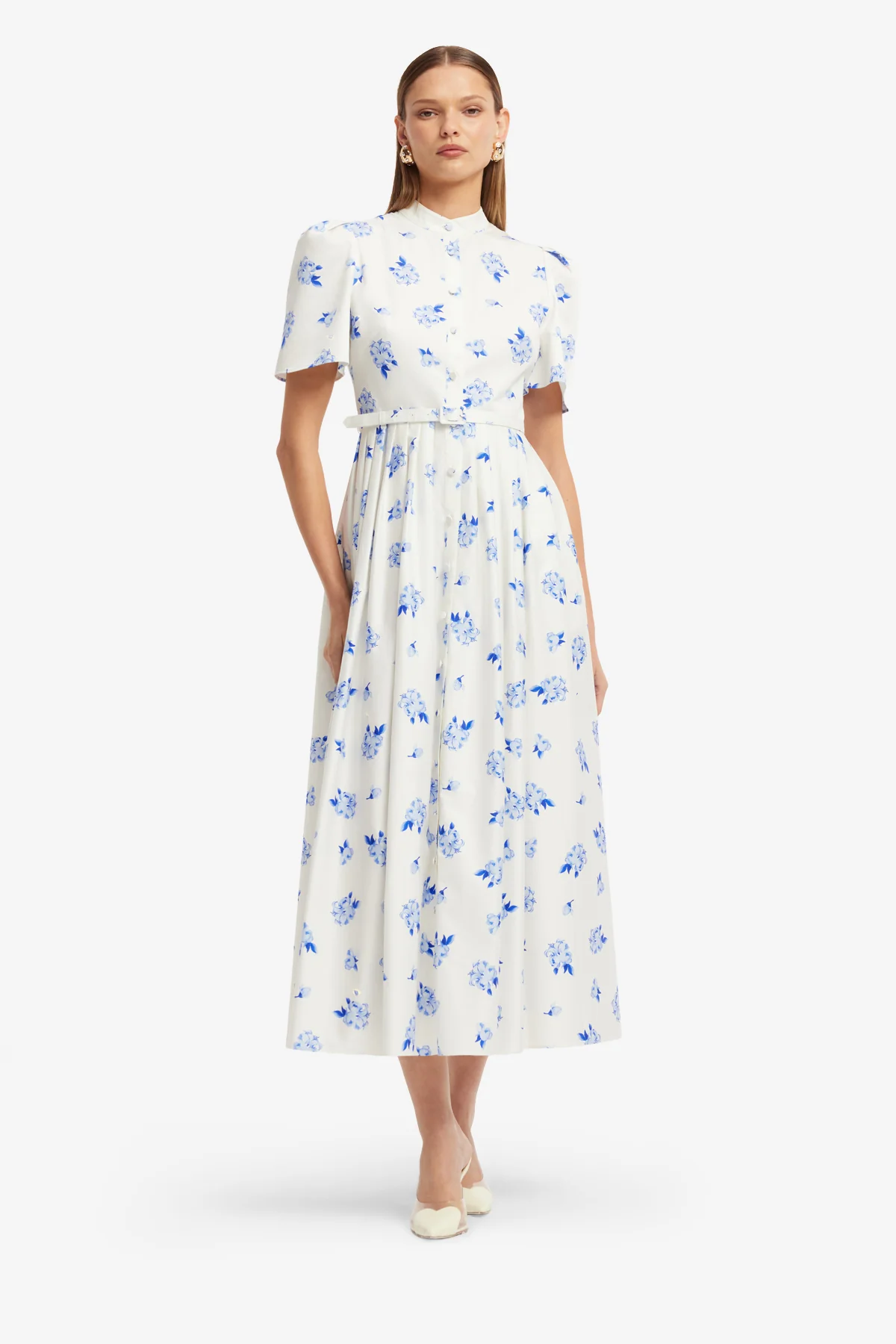 Bianca Short Sleeve Midi Dress - Ditsy Floral Print in Snow - Image 3