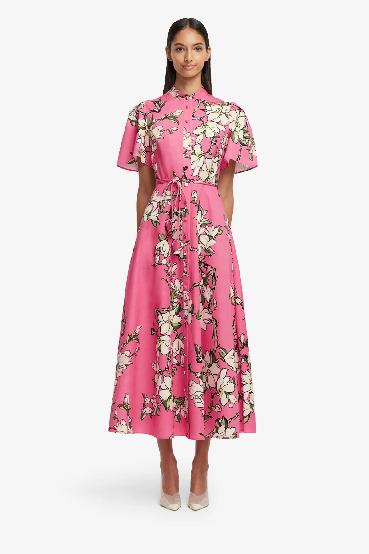 Bianca Short Sleeve Midi Dress - Pink Magnolia Print - Image 2