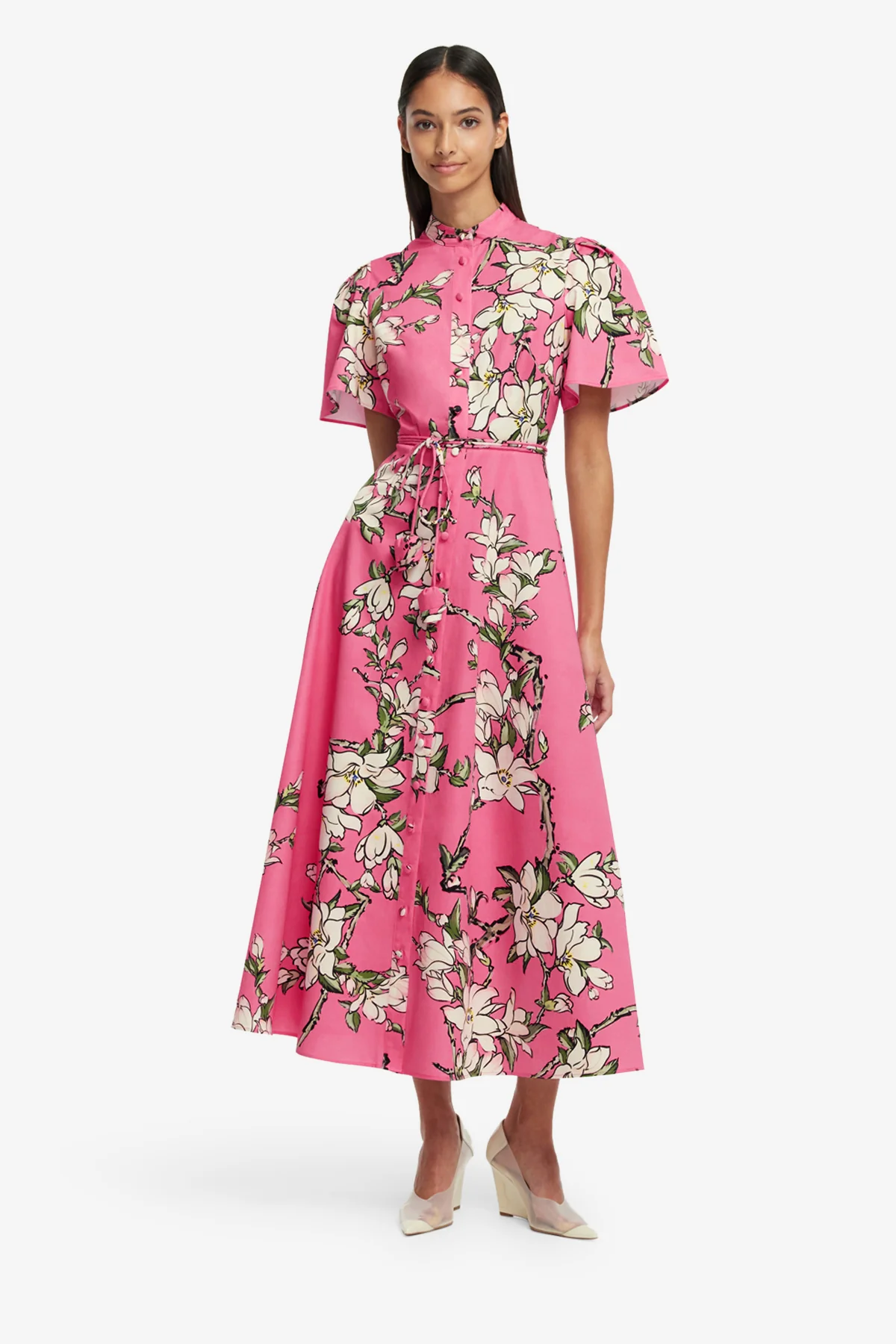 Bianca Short Sleeve Midi Dress - Pink Magnolia Print - Image 3