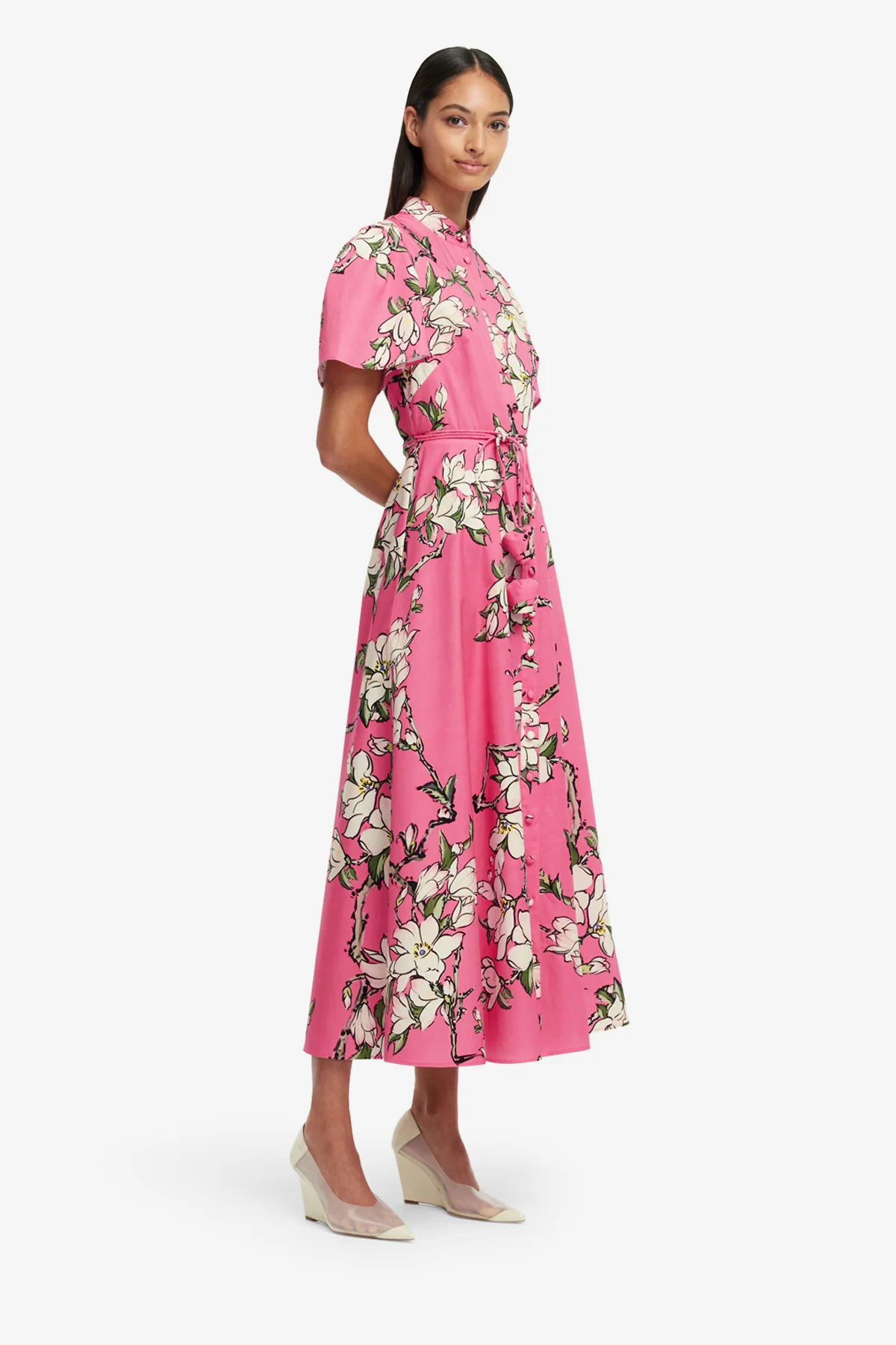 Bianca Short Sleeve Midi Dress - Pink Magnolia Print - Image 4