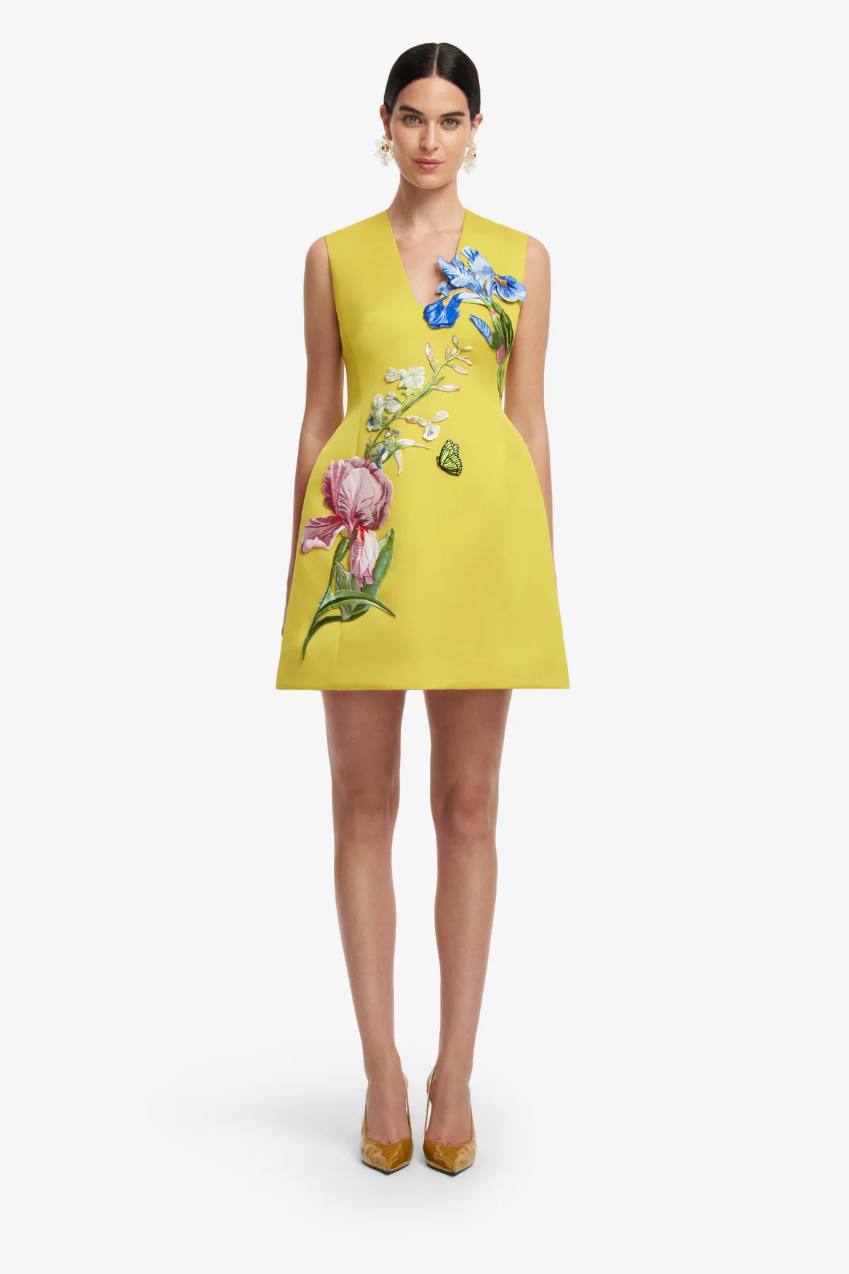 Bree V Neck Embroidery Mini Dress - Mustard - Image 2