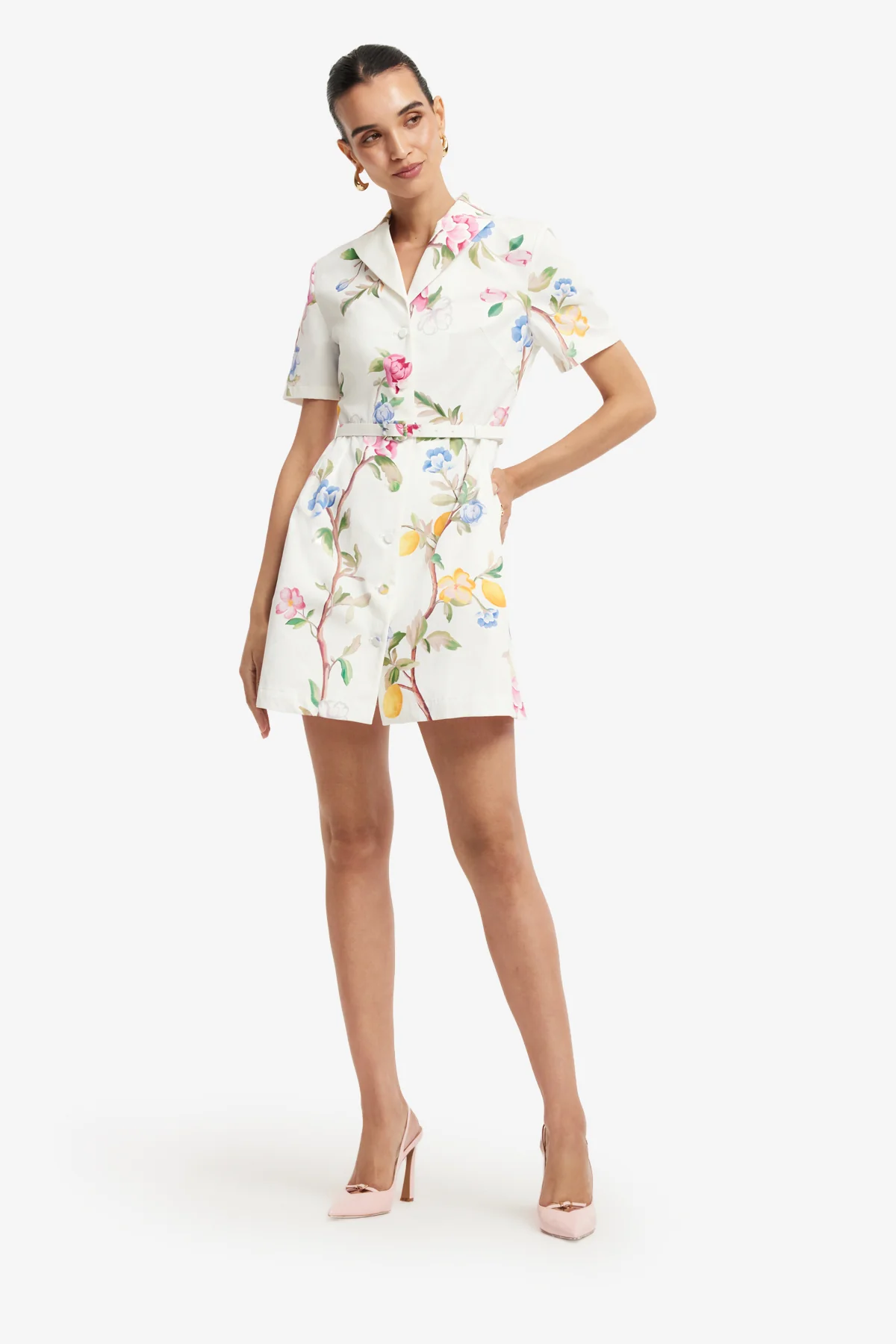 Brigitte Mini Dress - Lemon Vine Print in Snow - Image 3