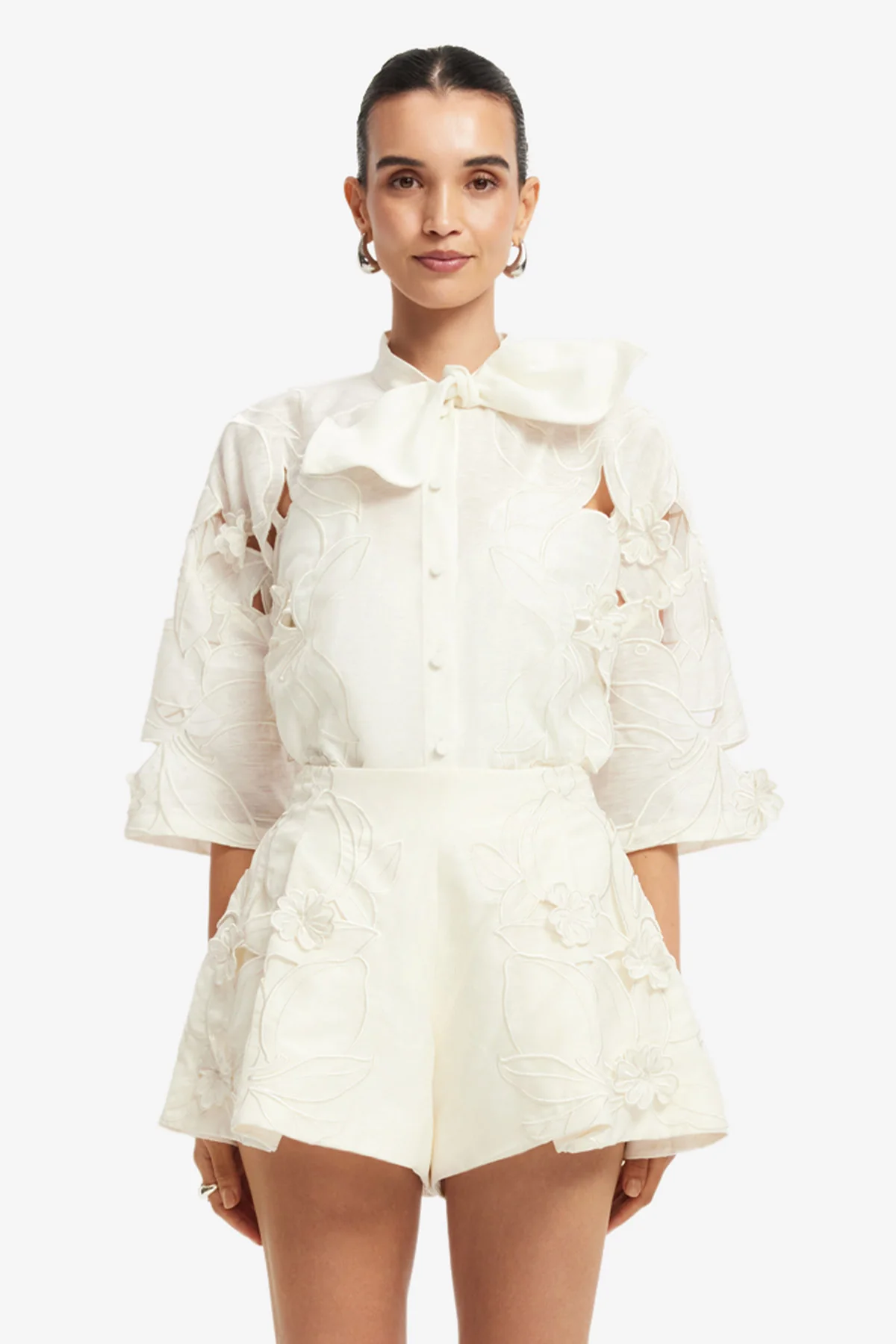Brooklyn Appliqué Bow Puff Sleeve Top - Snow - Image 2
