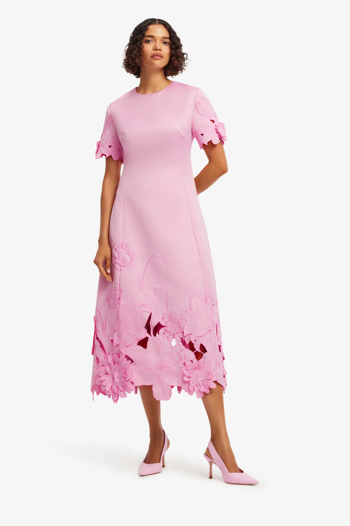 Caroline Appliqué Short Sleeve Midi Dress - Flamingo - Image 3